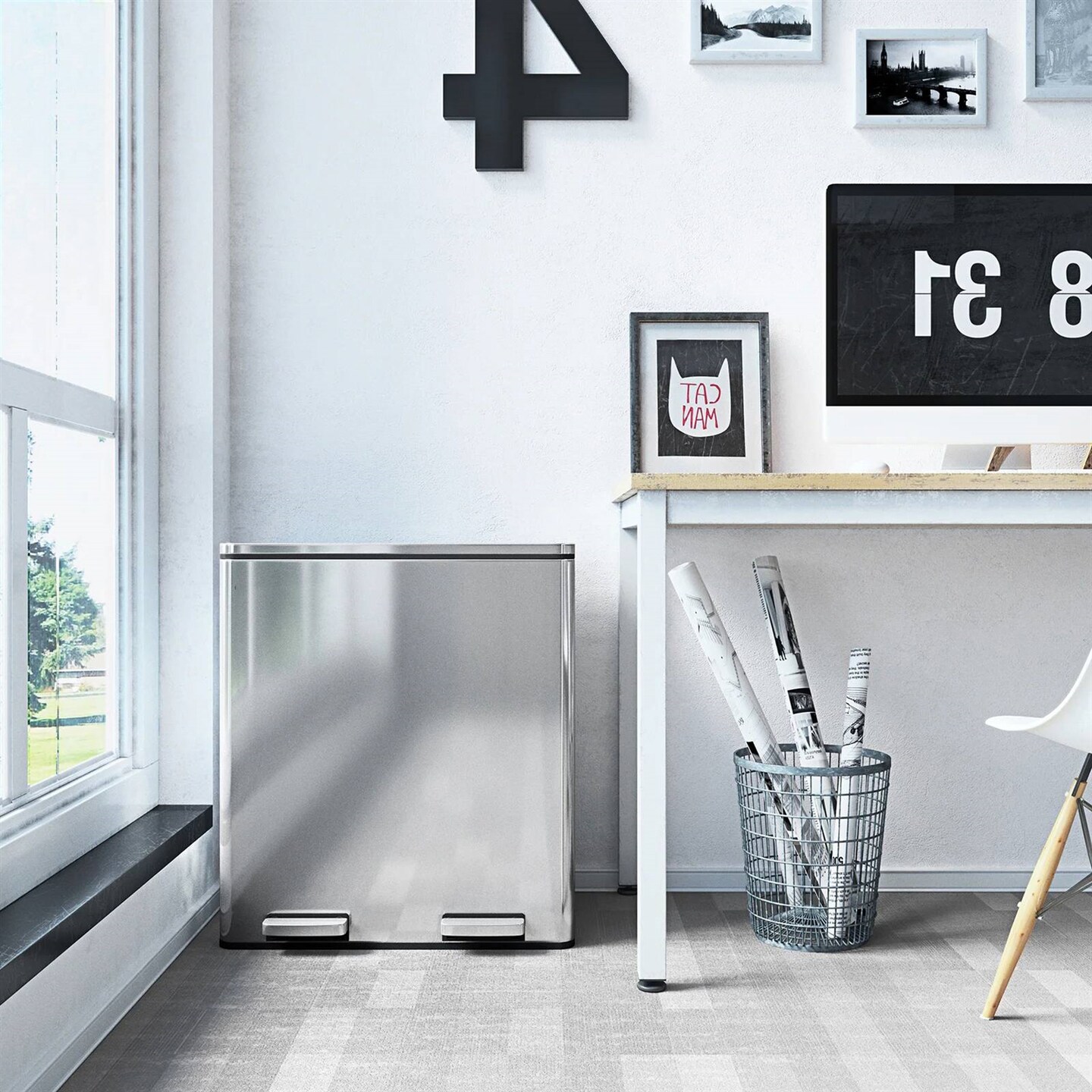 Silver Stainless Steel Dual Compartment Trash Can with Step-On Pedals and Soft Close