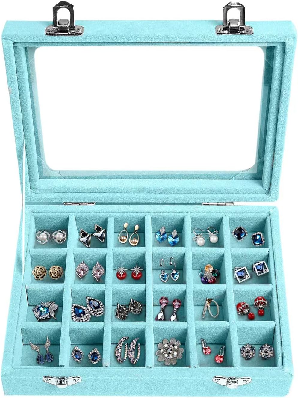 Jewelry Box 24-Grid Velvet Earring Holder Tray – Detachable Jewelry Organizer with Clear Glass Lid for Rings, Earrings, Necklaces, Bracelets – Light Blue (Light blue)