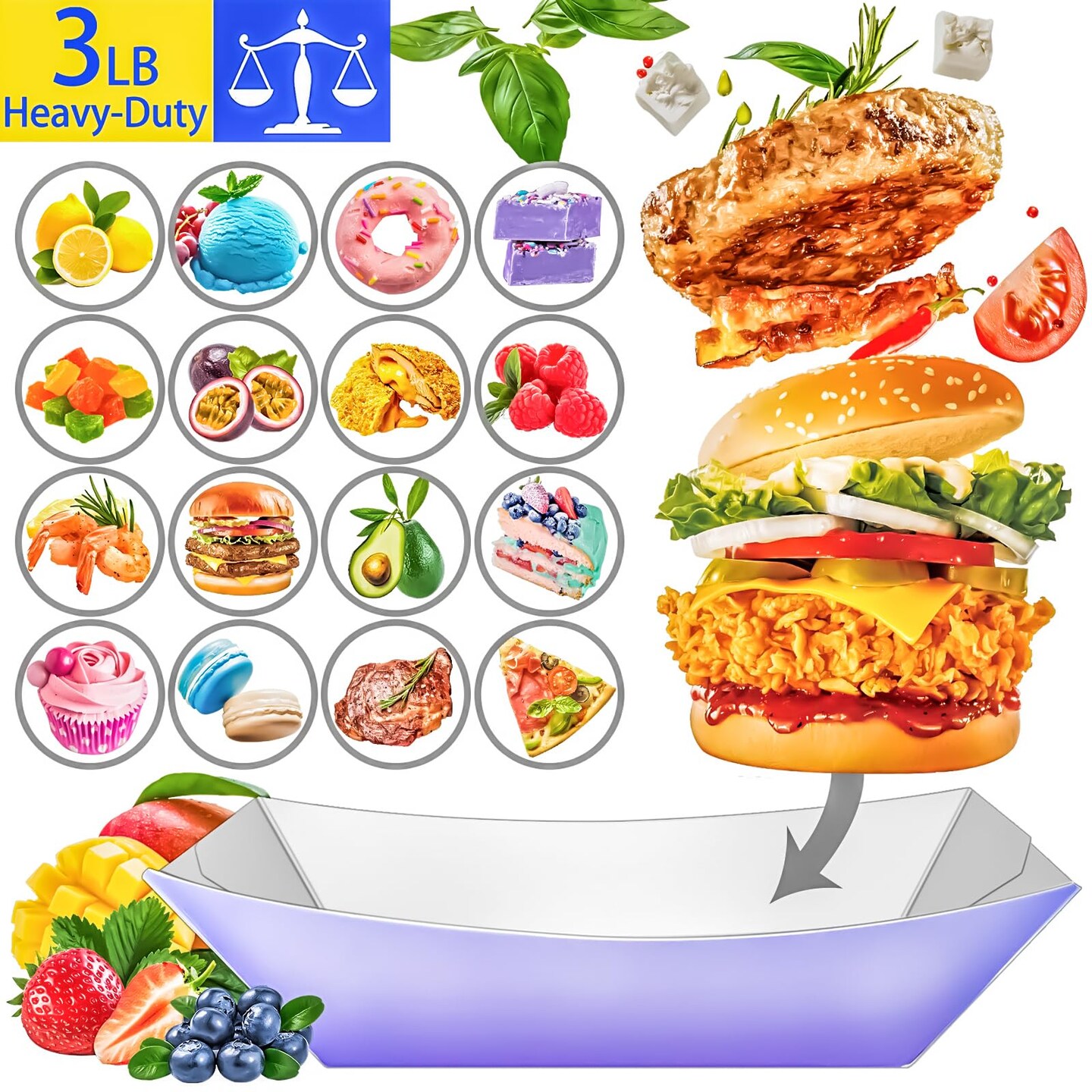 MotBach 100 Pack 3 LB Colorful Paper Food Boat Trays Disposable Paper Boats, Food Boats Colored Paper Food Serving Boat Tray Basket for Snack Burger BBQ Popcorn Taco Fries Carnival Festival Nacho