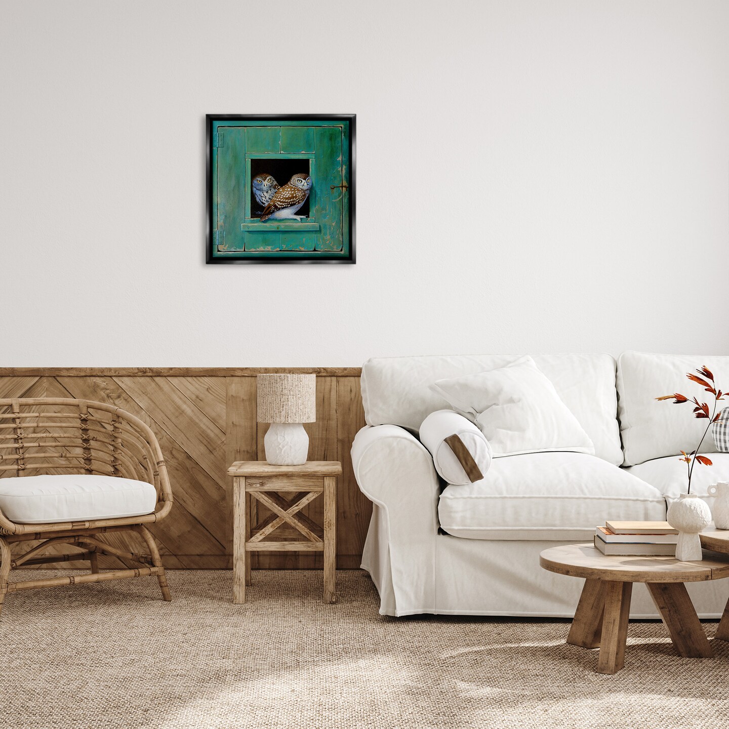 Stupell Industries Spotted Owls Perched Ledge Framed Floater Canvas Wall Art