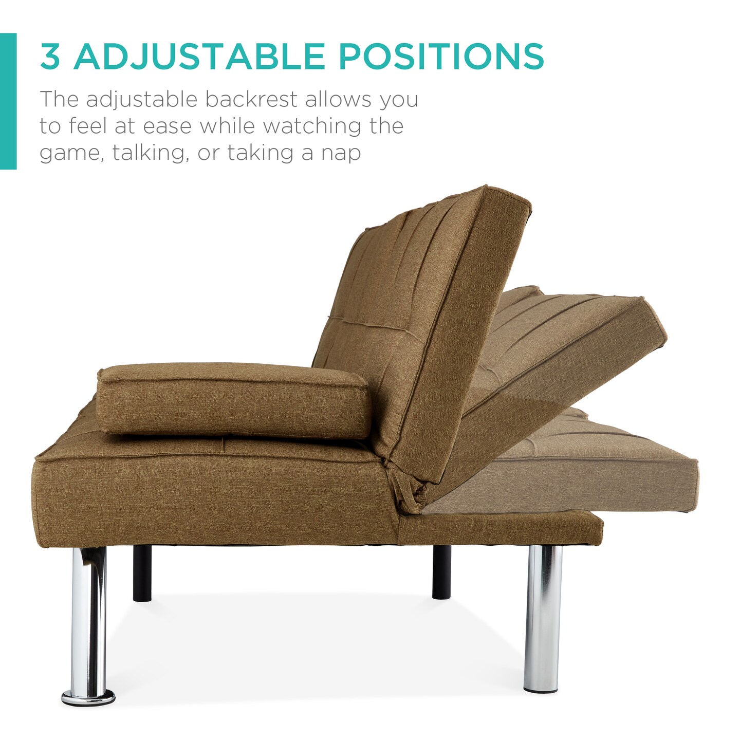 Best Choice Products Modern Linen Convertible Futon Sofa Bed w/ Removable Armrests, Metal Legs, Cupholders