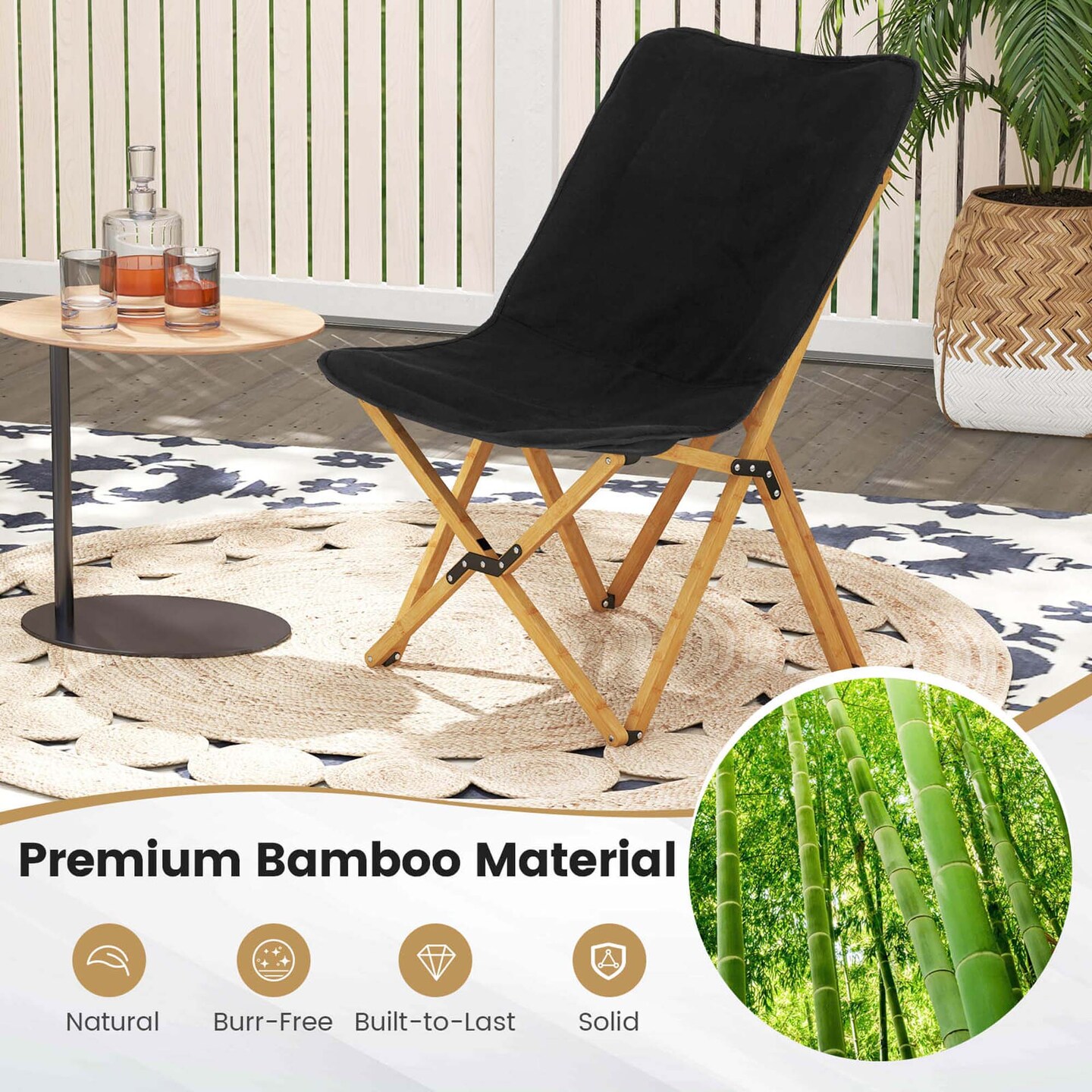 Costway Bamboo Butterfly Folding Chair Set of 2 with Storage Pocket 330 LBS Capacity Black/Beige