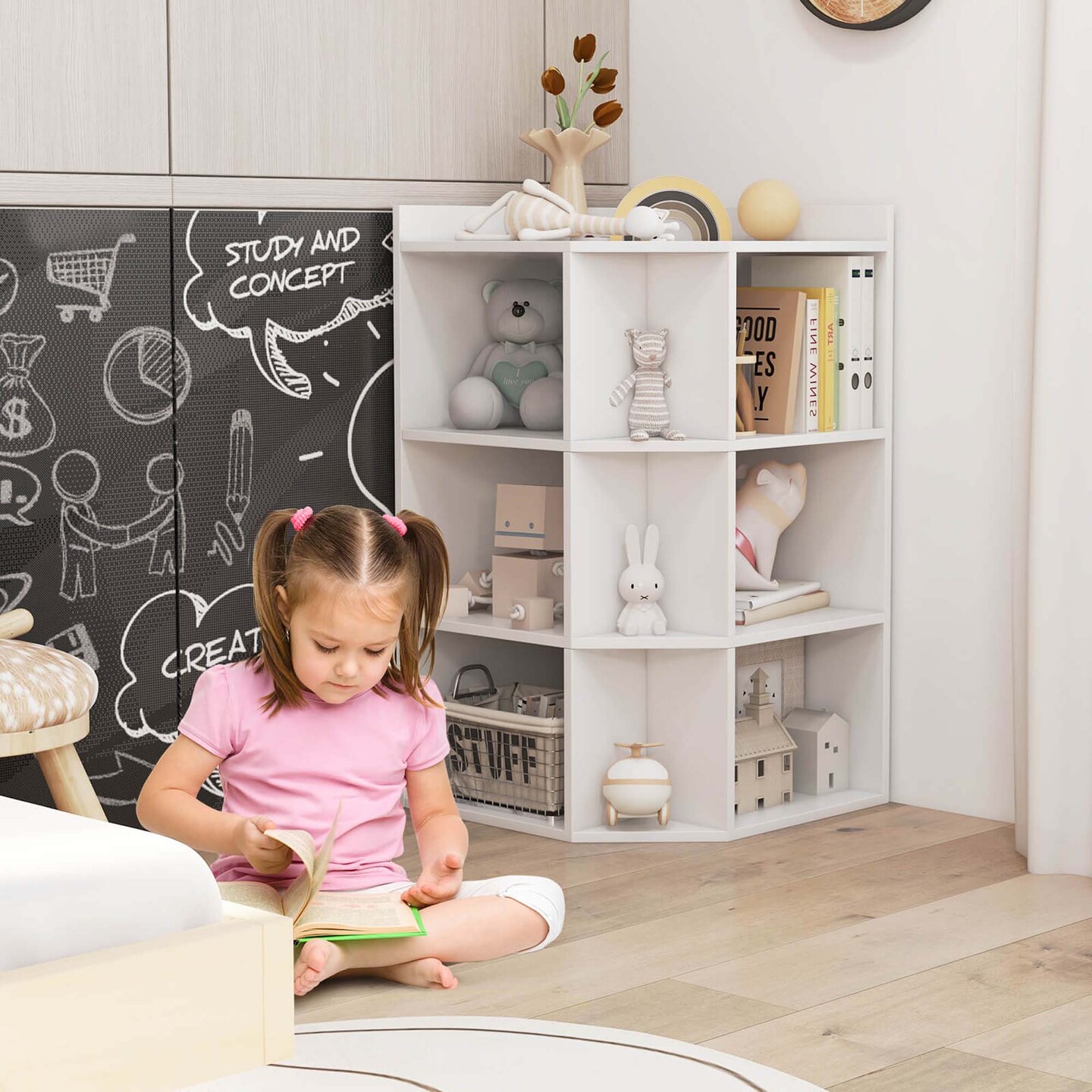 Costway 3-Tier Kids Corner Toy Storage Organizer with USB Ports and Outlets 9 Cubbies Grey/White