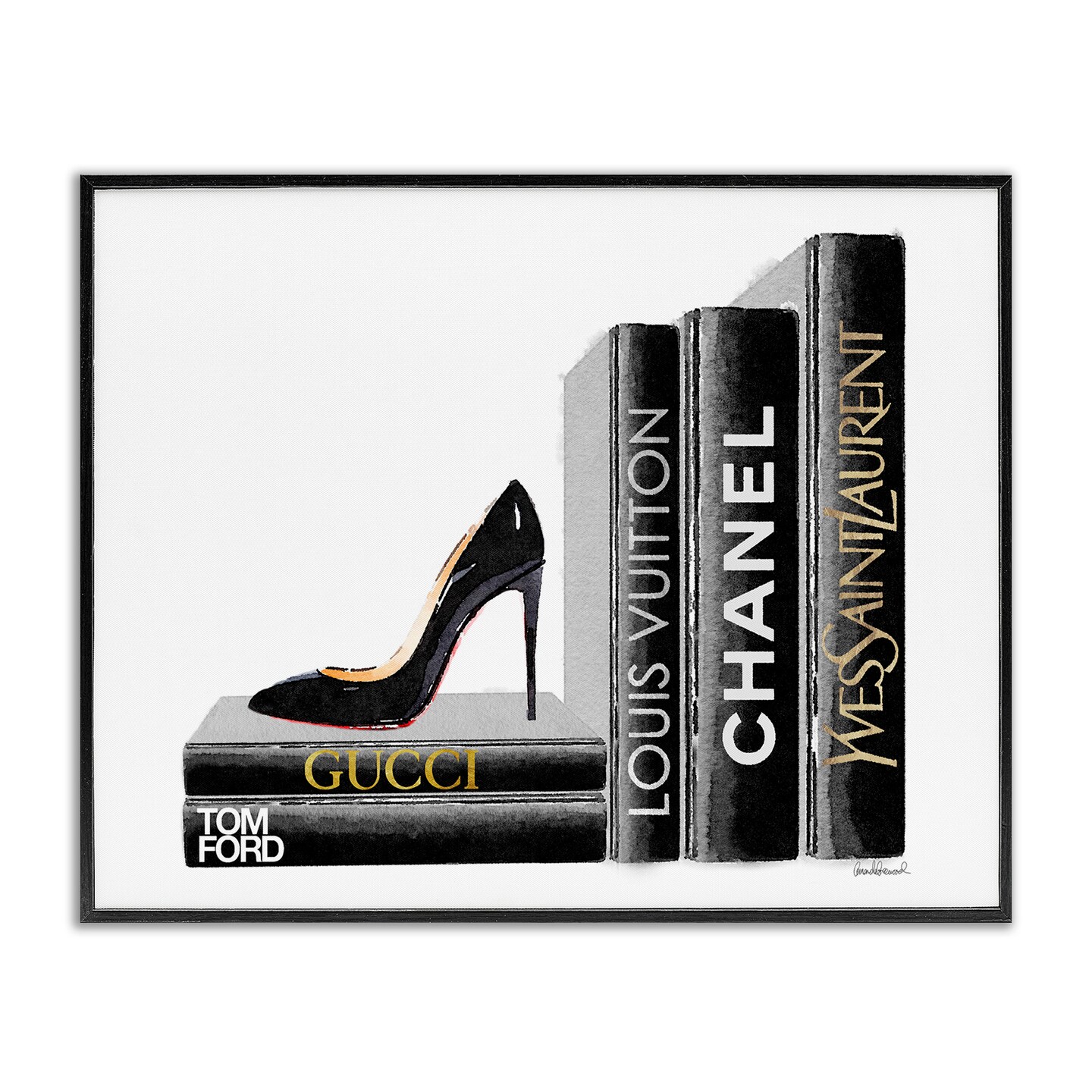 Stupell Industries Black Book Shelf with Stilettos Framed Giclee Art