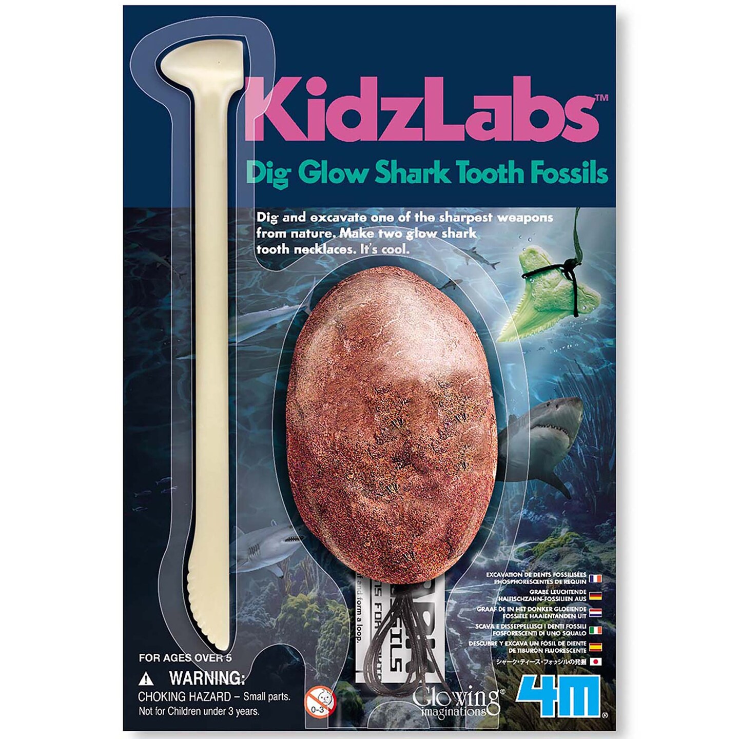 4M: KidzLabs: Dig Glow Shark Tooth Fossils - Dig &#x26; Excavate, Make 2 Glow-In-The Dark Tooth Necklaces, Science &#x26; Jewelry Making Craft Kit, Kids Ages 5+