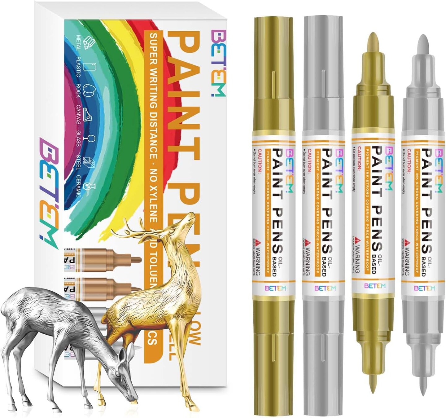 Oil Based Paint Markers, Dual Tip Paint Pens(0.7mm & 3mm), Gold Silver Permanent Paint Marker Pen, Waterproof, Quick Dry