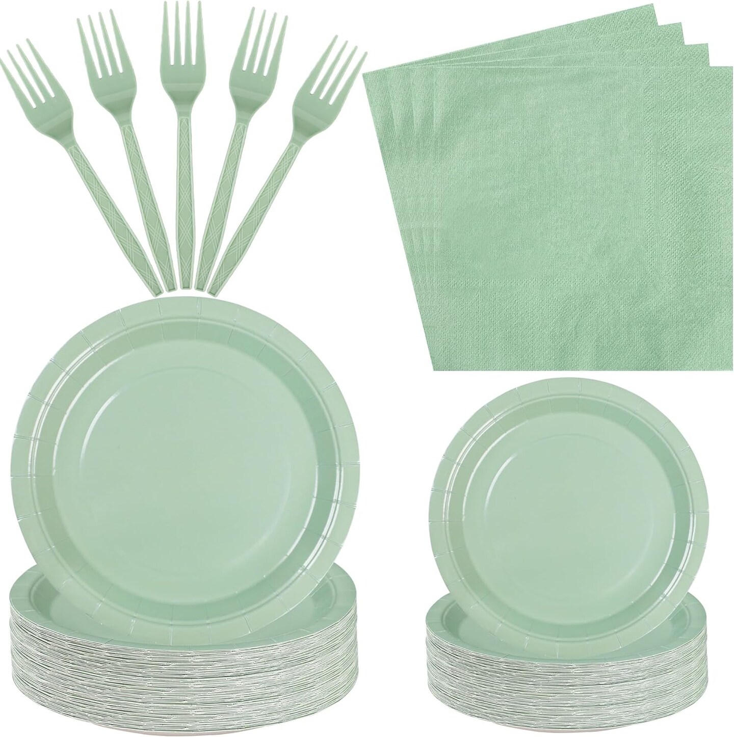 100-Piece Sage Green Paper Plates and Napkins Set – Disposable Tableware with Forks, Perfect for Weddings, Birthdays, Bridal Showers, and Baby Showers. Serves 25 Guests.