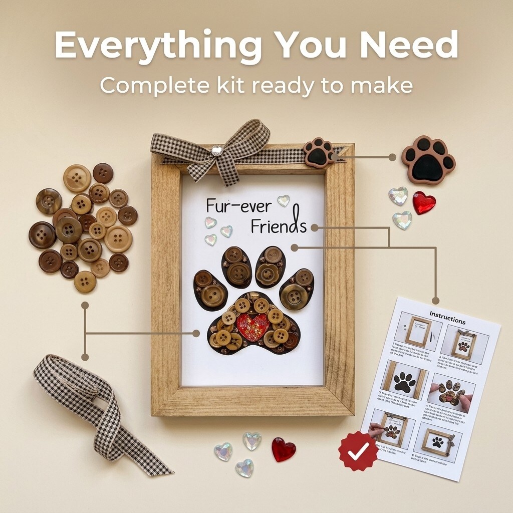 Buttons Galore & More Pet Paw Picture Frame DIY Craft Kit, Natural Wood, Button Art Design, 5x7 Inches, Wall Decor with Ribbon, Ages 6+