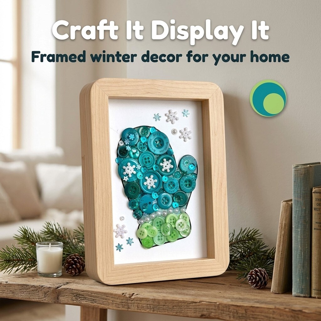 Button Art Frame Kit, Winter Mitten Design with Snowflakes, Wood Frame, Wall Decor
