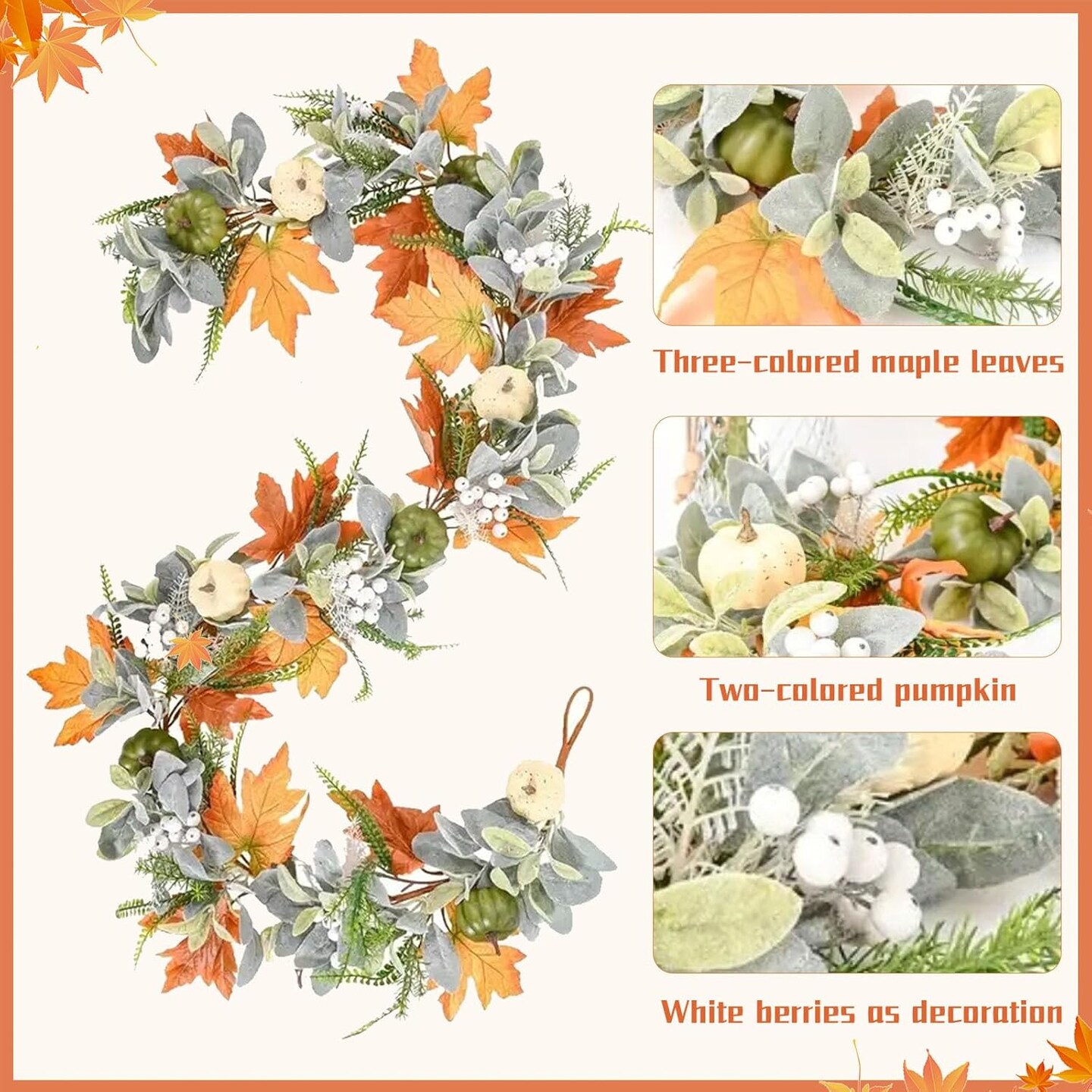 5.9FT Fall Decor Fall Garland with Pumpkin, Plush Rattan and Fern,(Fall Leaves)8.82 x 8.31 x 4.29 inches