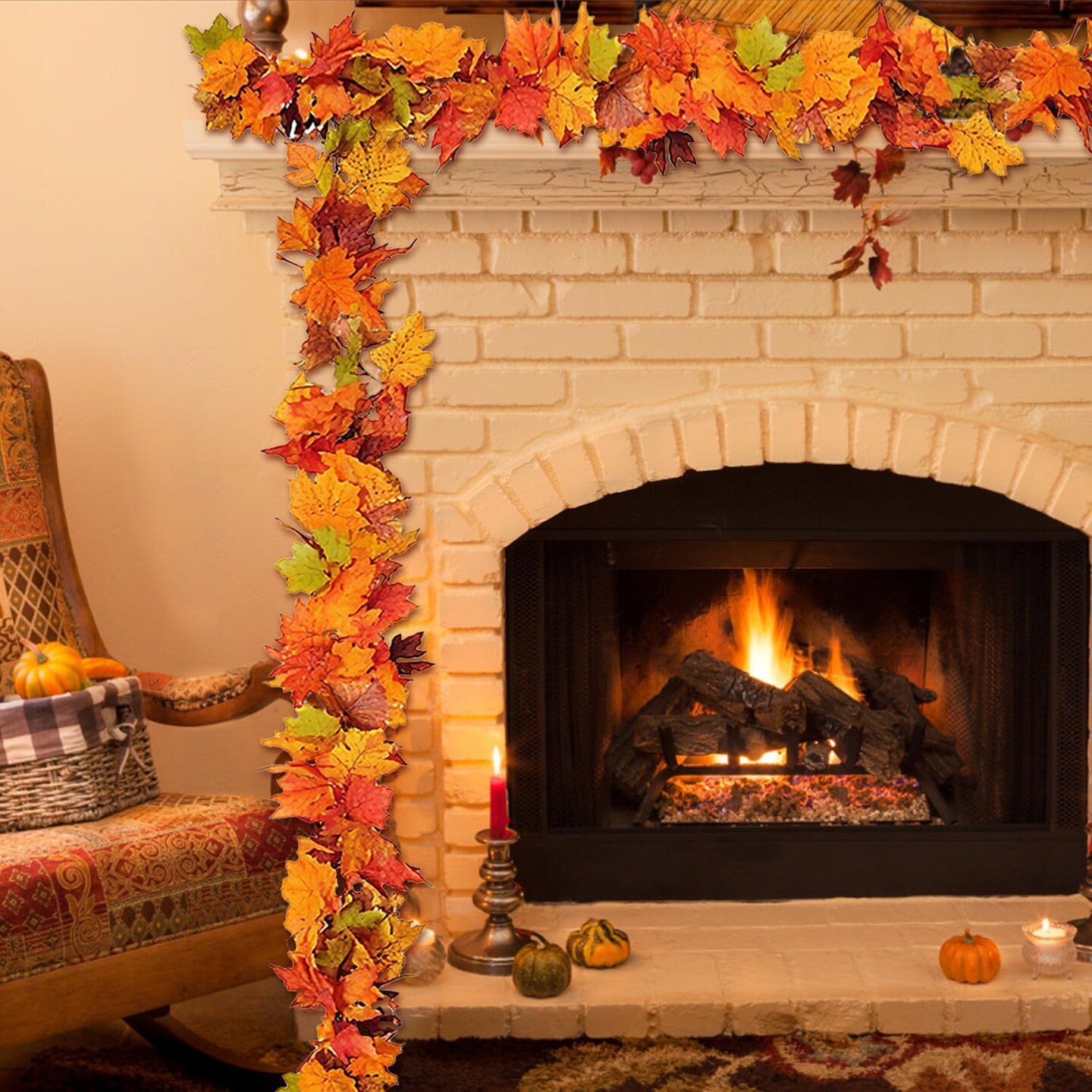 Fall Garland Maple Leaf with Lights, 2 Pack 5.7Ft/Piece Leaf Garland with Remote Control, 8 Light Modes(Orange)2 x 2 x 1.2 inches