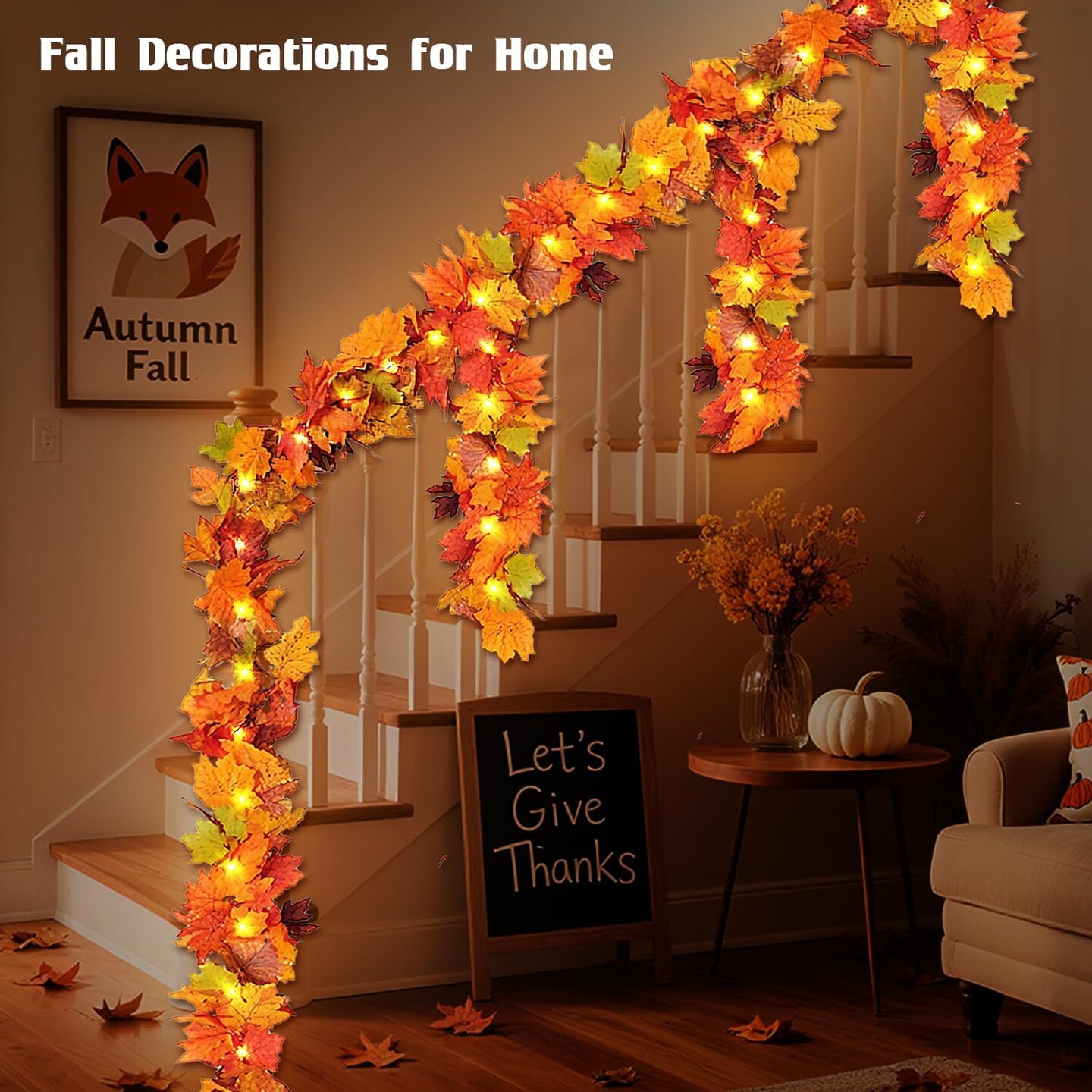 Fall Garland Maple Leaf with Lights, 2 Pack 5.7Ft/Piece Leaf Garland with Remote Control, 8 Light Modes(Orange)2 x 2 x 1.2 inches