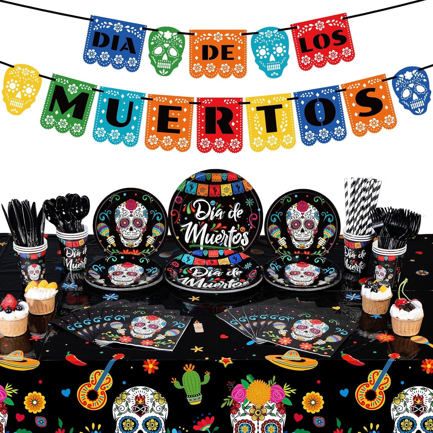 195 Pieces Day of The Dead Party Supplies Halloween(Black)