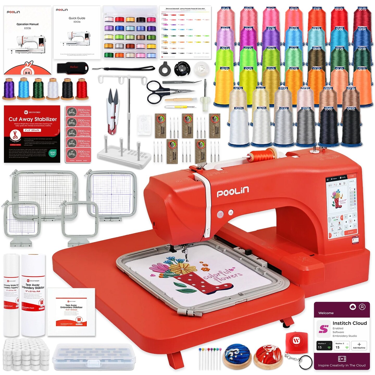 POOLIN EOC06 7.9in x 11in Embroidery Machine Deluxe Bundle - Red