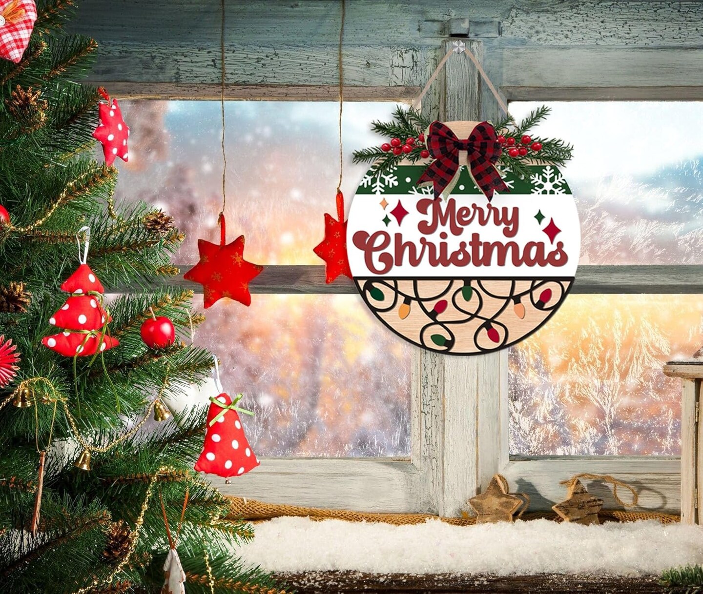 Merry Christmas Wreath Wooden Sign - Red (12x12 inch)