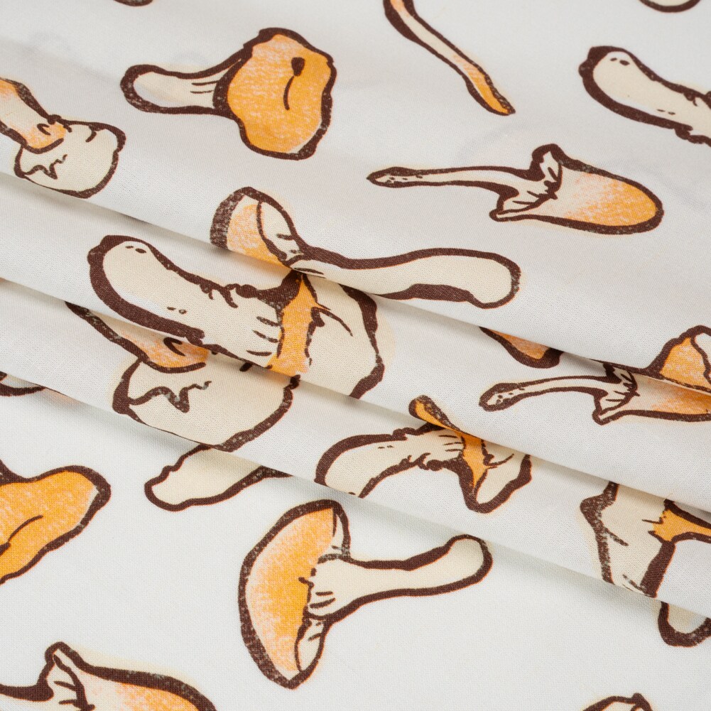 1 Yard Lightweight Viscose-Linen Woven Mushroom Print Beige and White on White