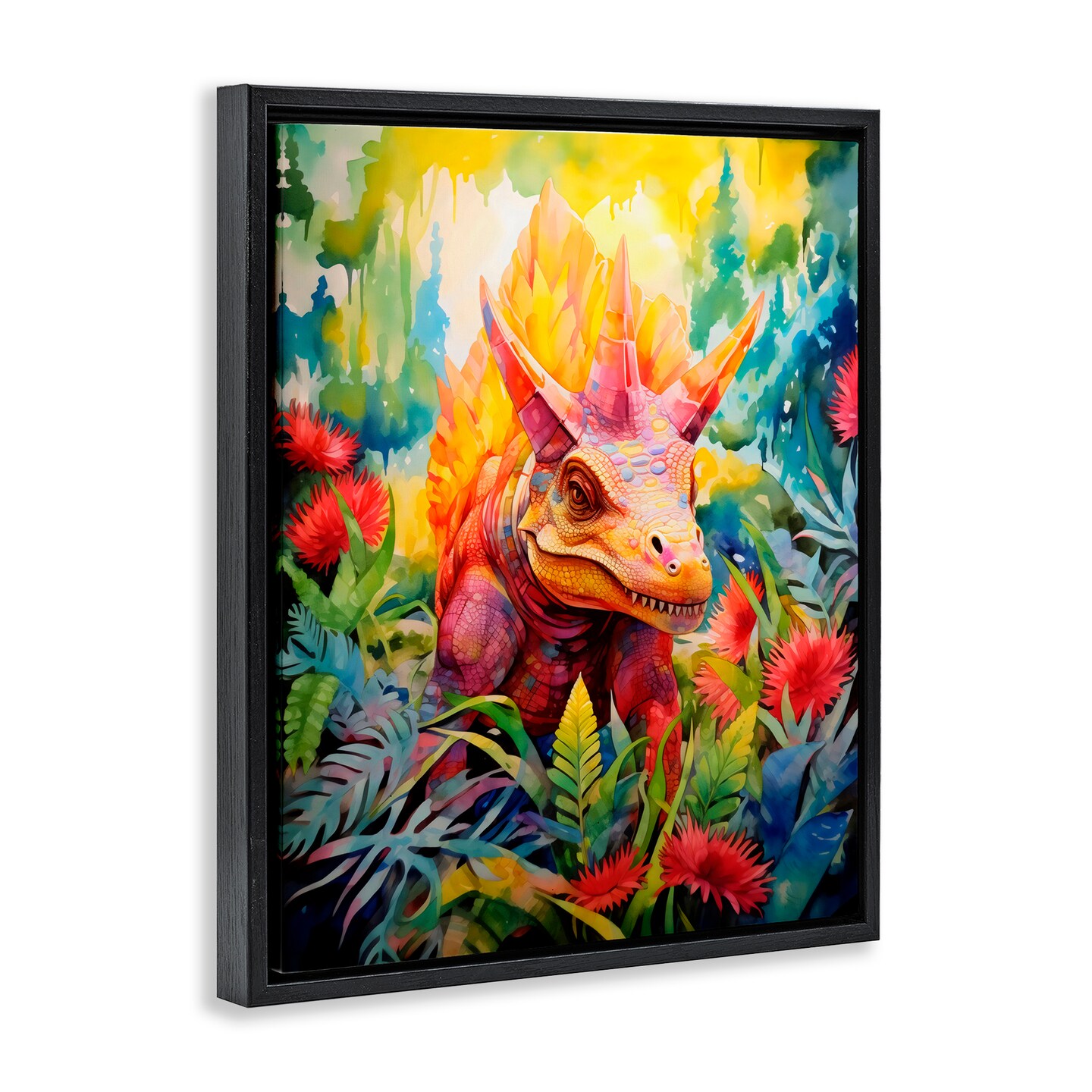 Stupell Industries Colorful Dinosaur in Jungle Black Framed Floater Canvas Wall Art, design by Creative Studio