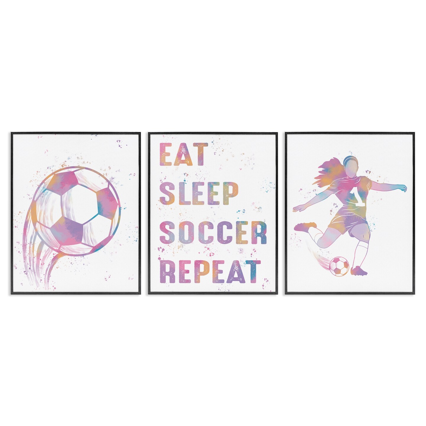 Stupell Industries Minimal Pastel Girl's Soccer 3 Piece Black Framed Giclee Art Set, design by Marcus Prime