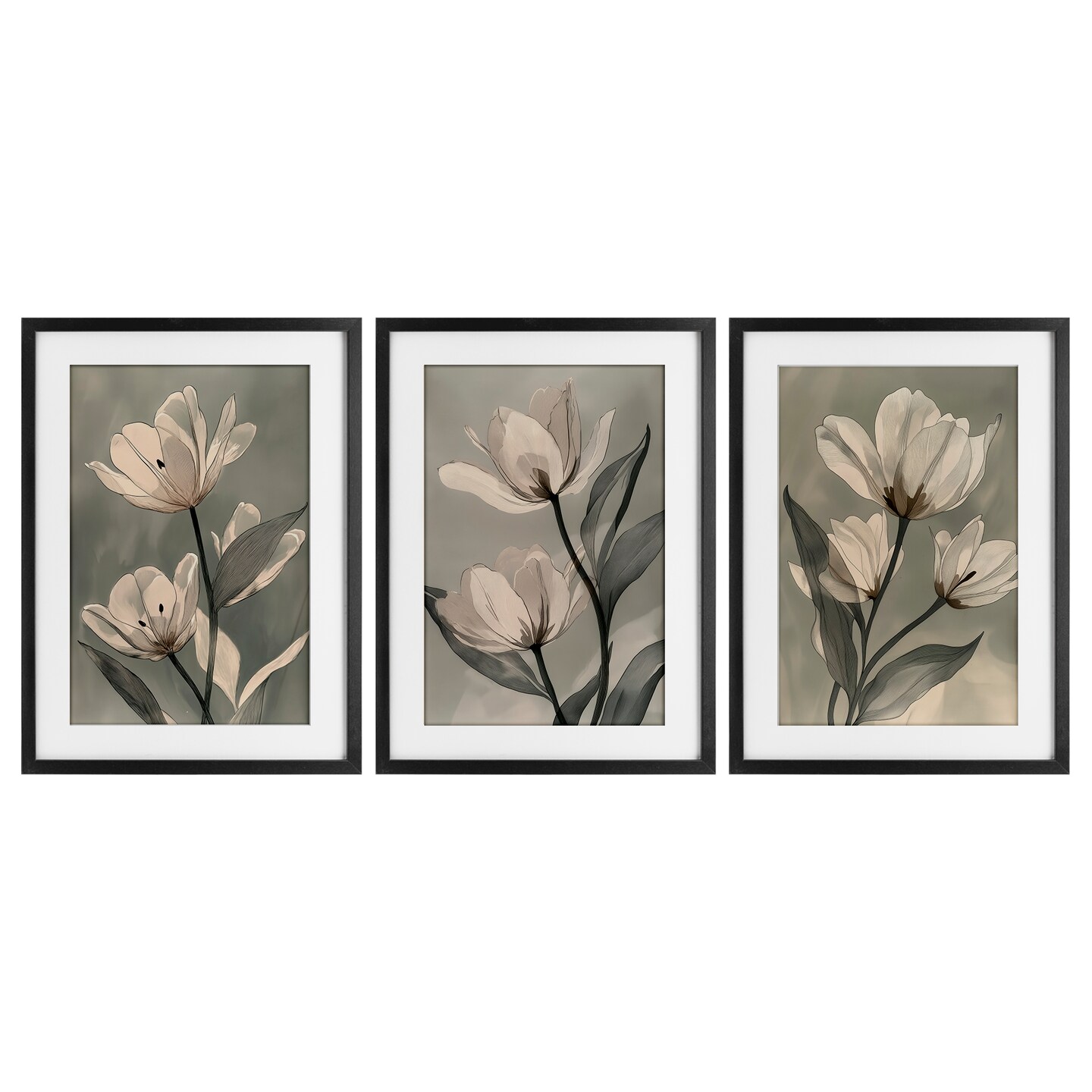 Stupell Industries Flower Trios Portraits 3 Piece Black Framed Print Under Glass Set, design by Annabelle Hall