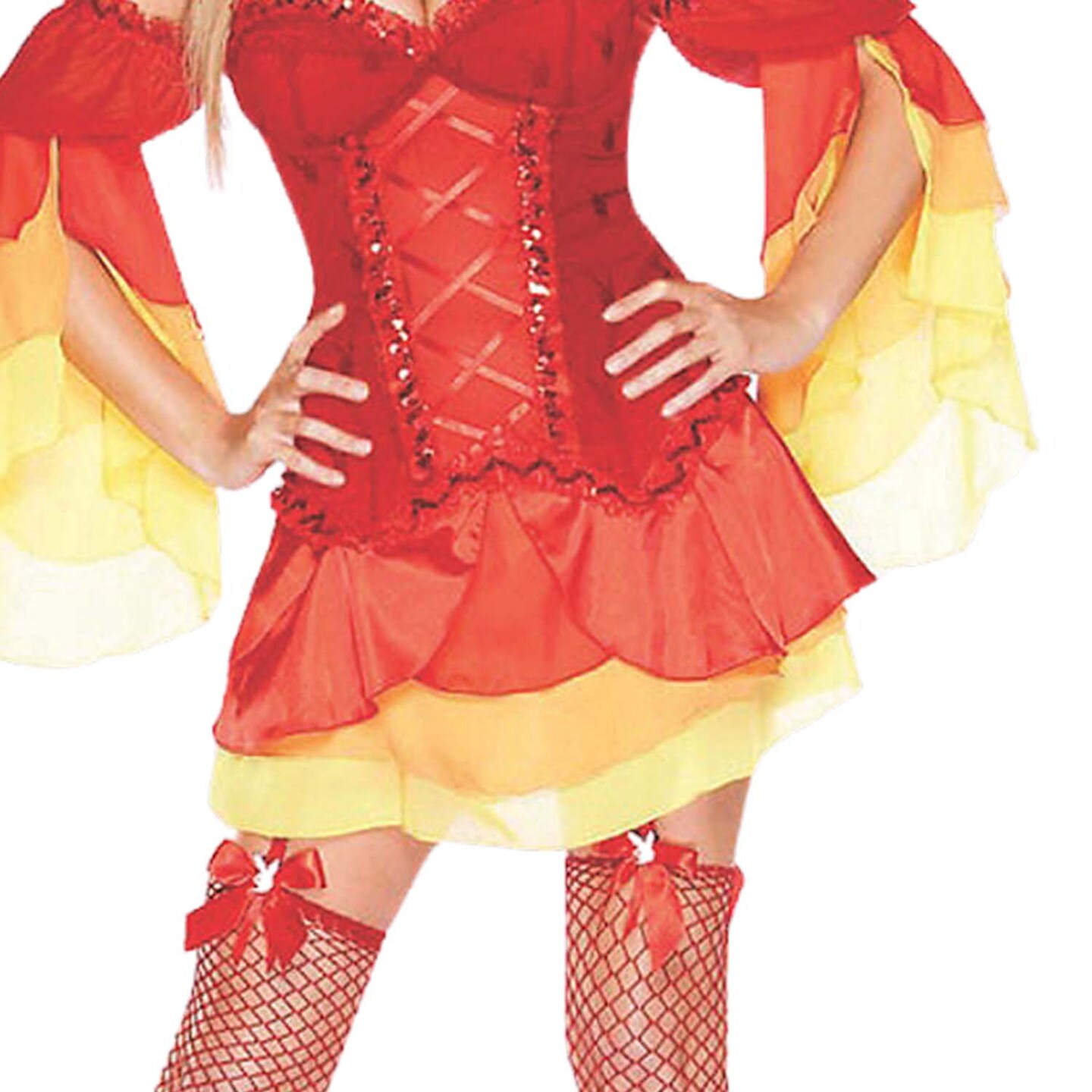 Women Devilicious Costume Red Gossamer Corset Dress with Ruffled Skirt and Horns