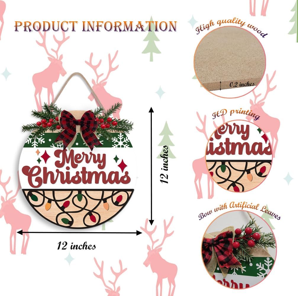 Merry Christmas Wreath Wooden Sign - Red (12x12 inch)