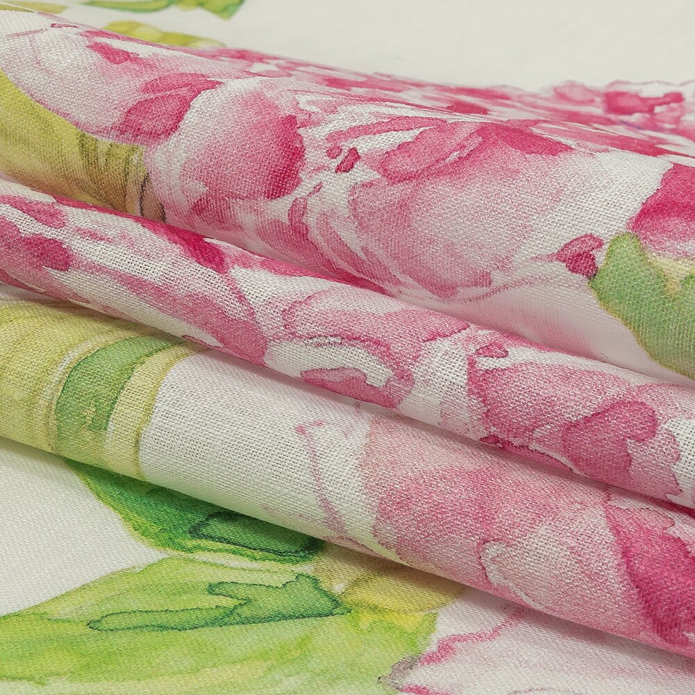 1 Yard Pink Green and White Watercolor Roses Medium Weight Linen Woven Fabric
