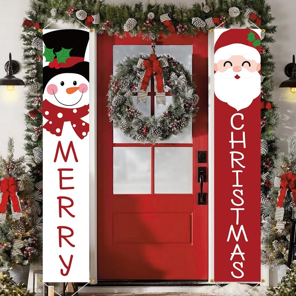 Christmas 2pc Outdoor Yard Banner, Red White Santa Snowman,71x13 inches(Red White)