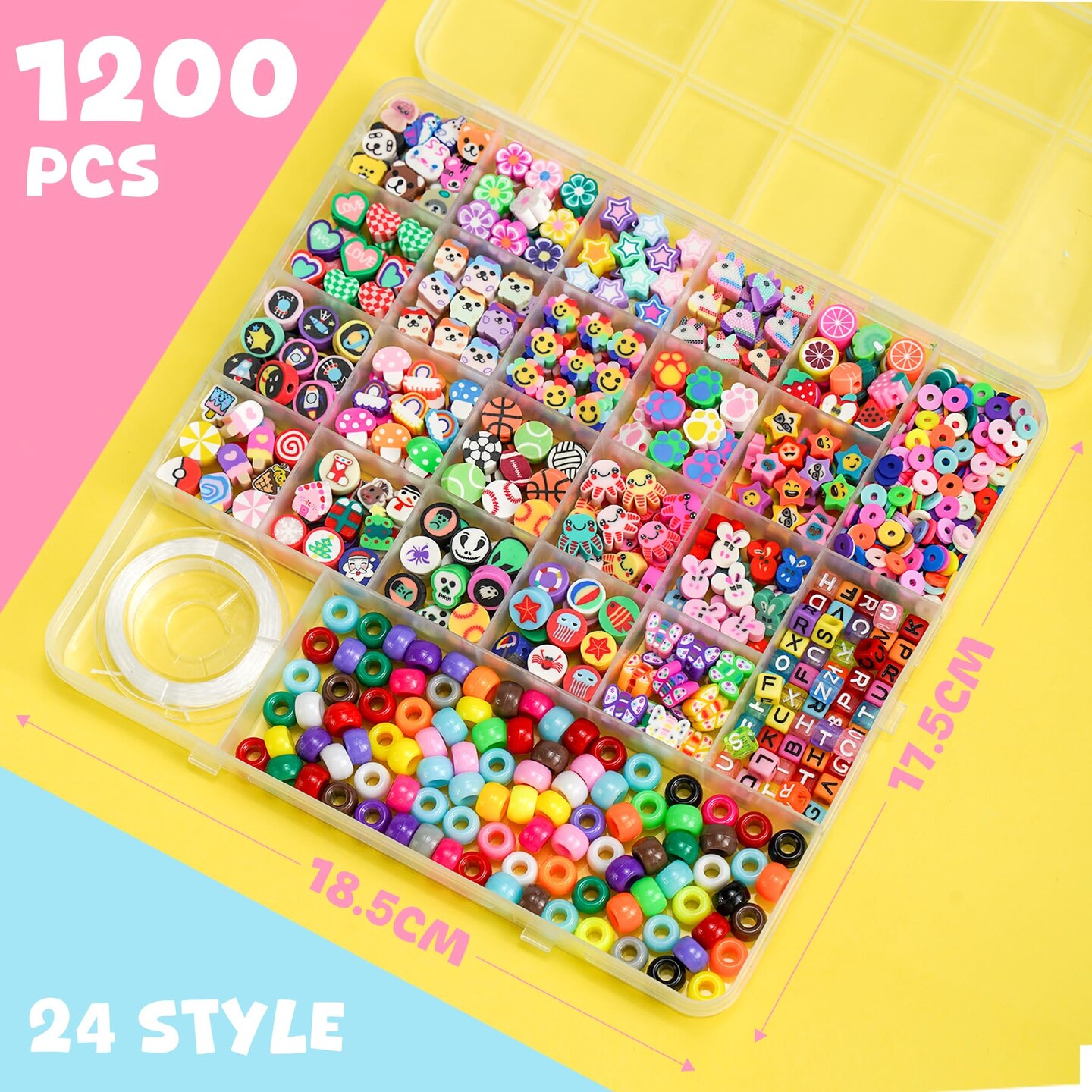 1200 Pcs Polymer Clay Beads Bracelet Making Kit, 25 Style Animal Fruit Flower Butterfly Bunny Pony Letter Beads Charms for Jewelry Making, DIY Art and Crafts Toys Gifts for 4+ Year Old Kids