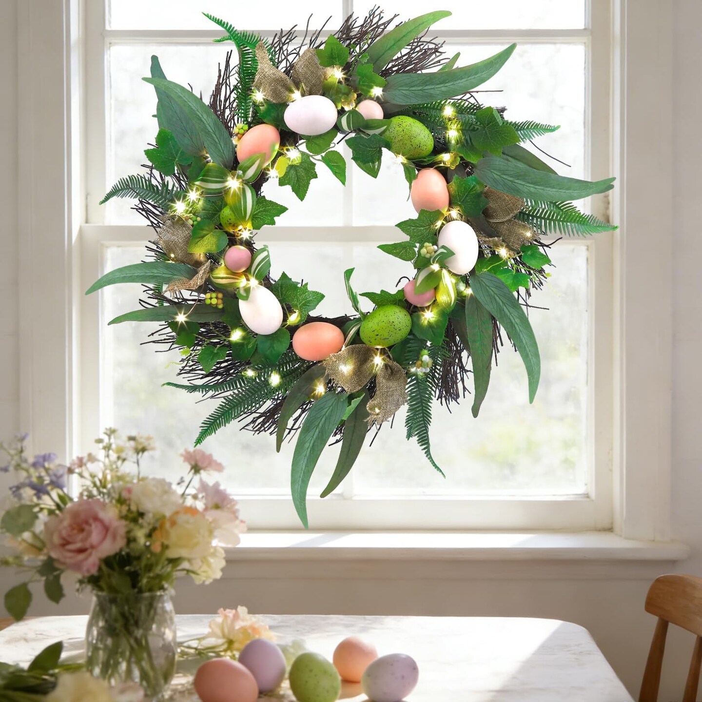 20 Inchs Easter Wreath for Front Door, Decor with Easter Eggs, Fabric Strips, Come with Hanger/Hook, 50LED Lights, Timer, for Outdoor Indoor Wall Window, for Spring Summer Hoilday, Gift
