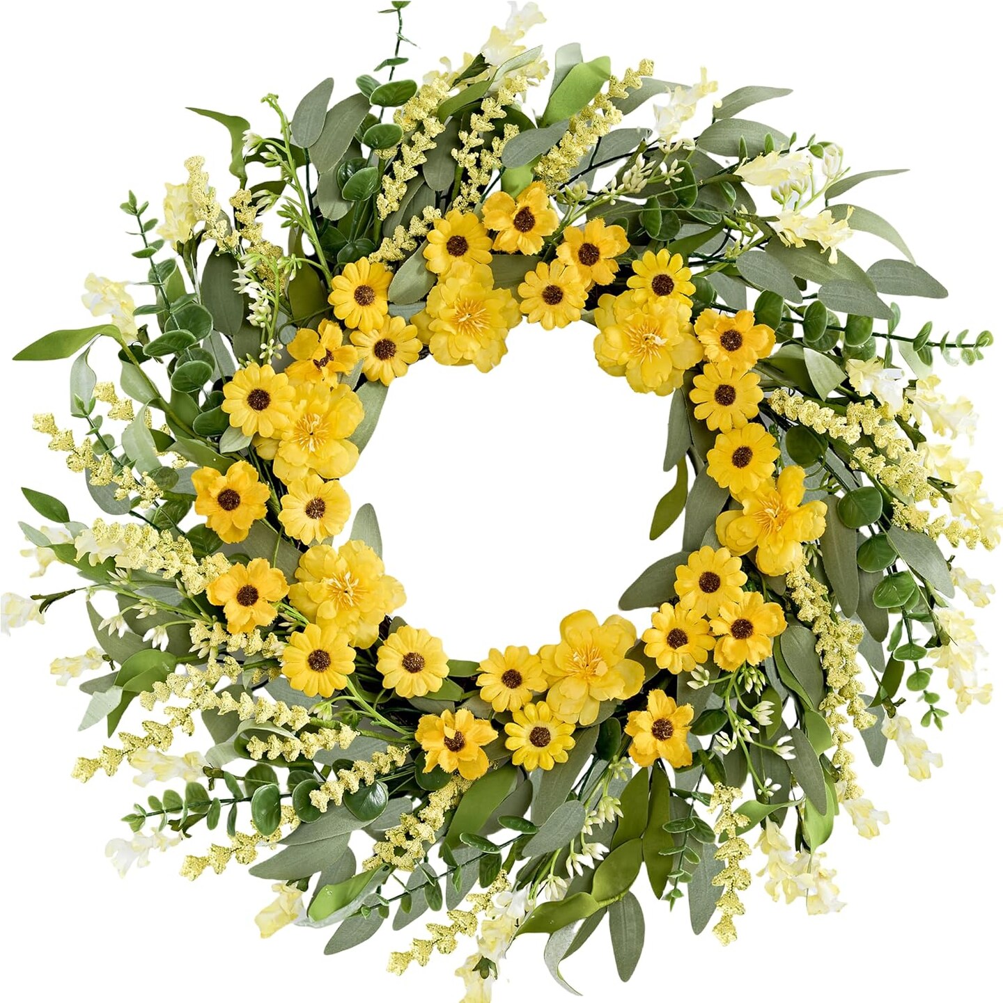 Spring Wreaths for Front Door, 22" Artificial Summer Wreath with Yellow Daisies, Green Eucalyptus & Lavender – Springtime Farmhouse Front Door, Wall & Porch Décor for Easter & Holidays