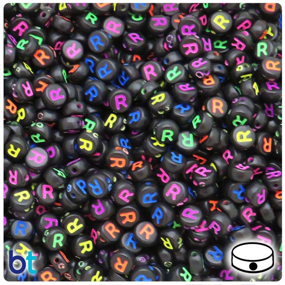 BeadTin Black Opaque 7mm Coin Alpha Beads - Colored Letter R (100pcs)