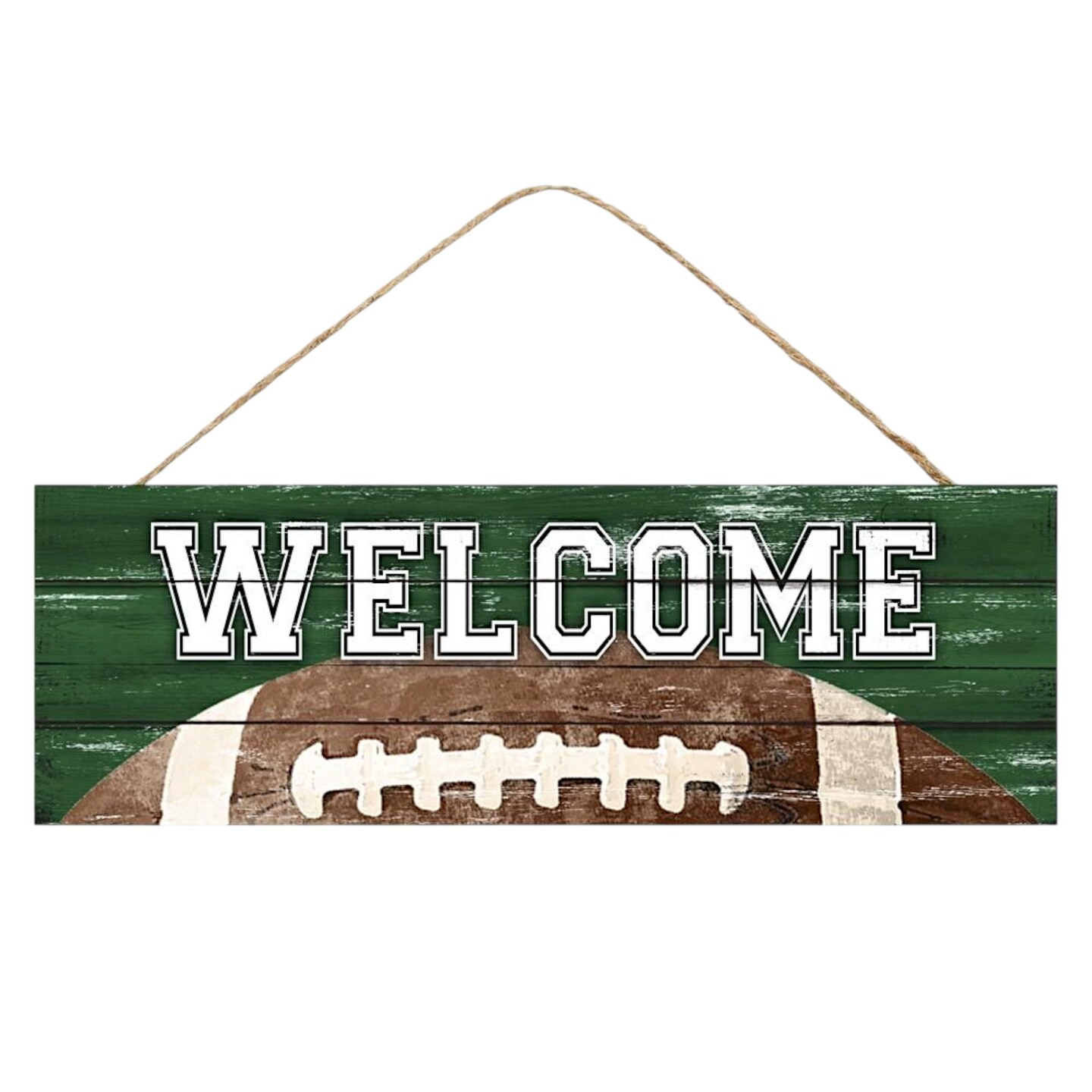 15" Football Welcome Wooden Door Hanger Sign - Green, Brown, Multi - For Walls, Wreath Accents, Crafts, and Decorations