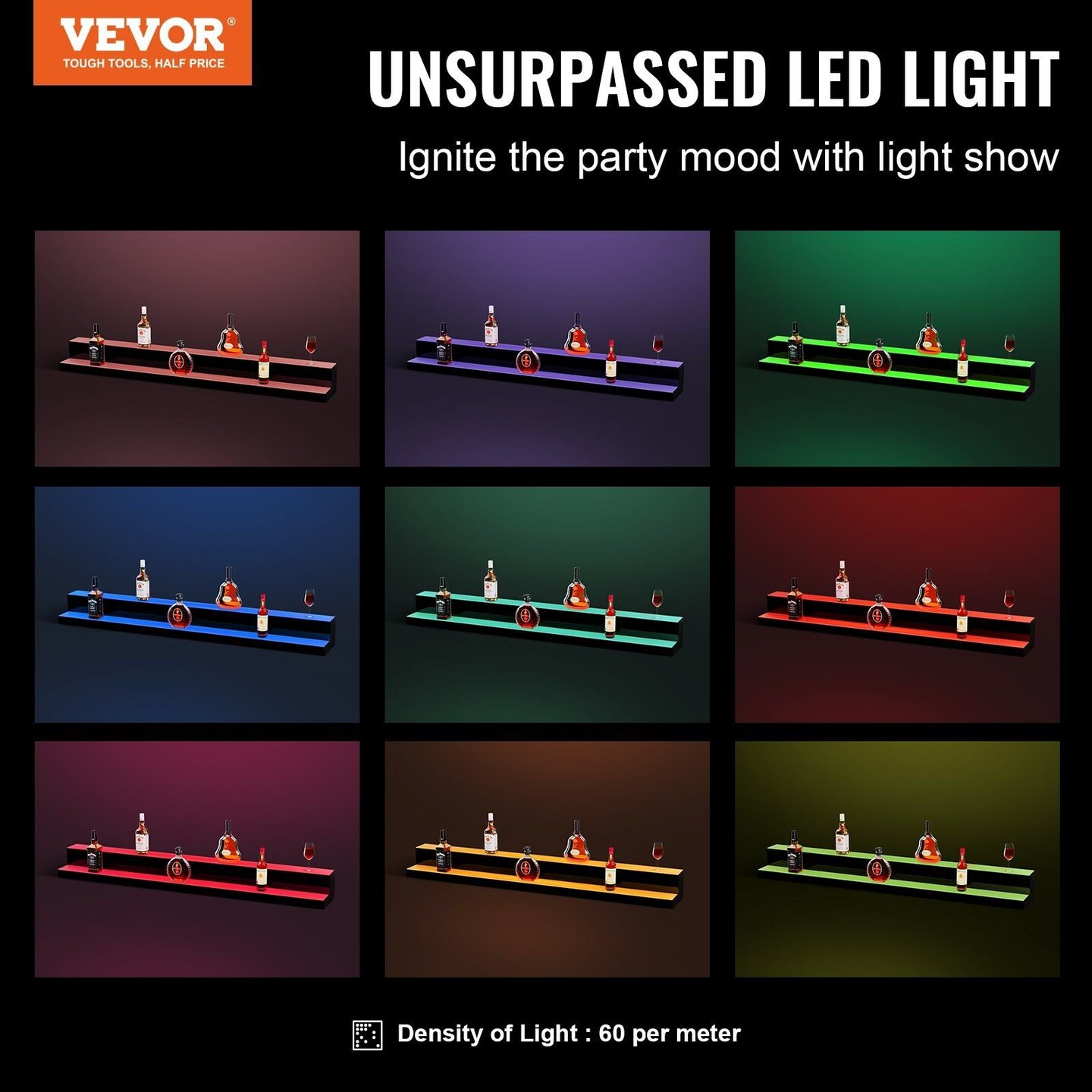 VEVOR-60"-Black-Multicolor LED Lighted Liquor Bottle Display Shelf-1Piece