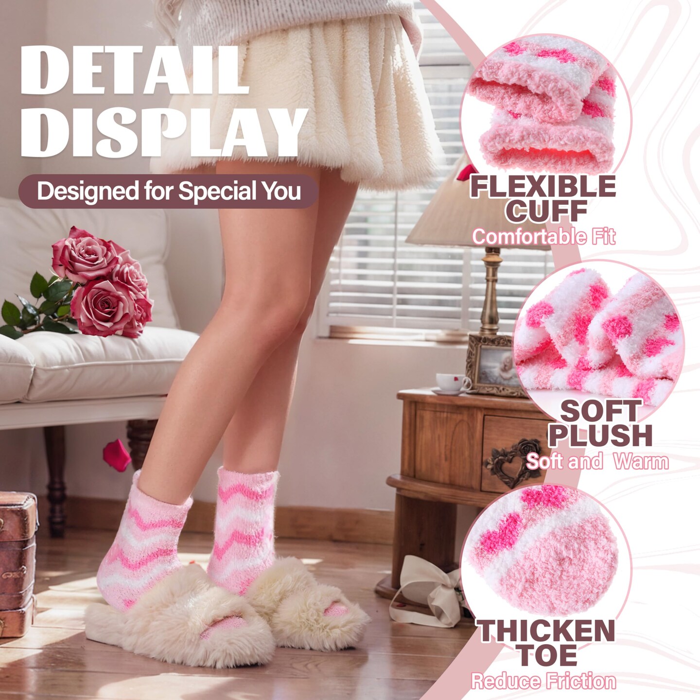 Anlisim Fuzzy Socks for Women Cozy Fluffy Winter Cabin Girls Slipper Warm Fleece Soft Thick Comfy Valentines Day Gift for Her Galentines Day Gifts Stocking Stuffer Christmas Home Socks(Pink)