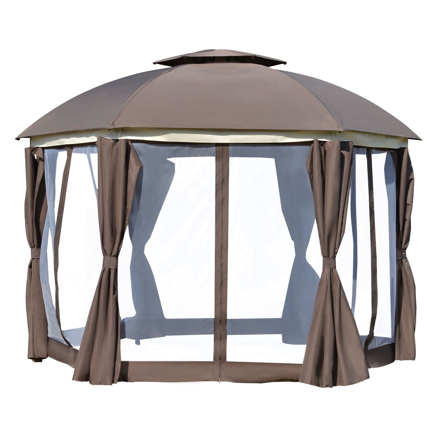 Edge Collections -12' x 9.1'-Brown-Stylish Outdoor Gazebo with Double Roof and Privacy Curtains-1 pcs