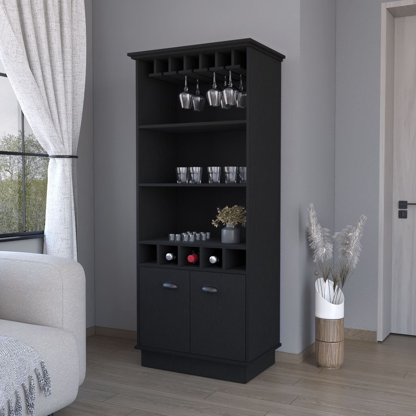 Edge Collections -35" x 24"-Black-Sophisticated Bar Cabinet with Glassware Rack and Bottle Storage-1 pcs