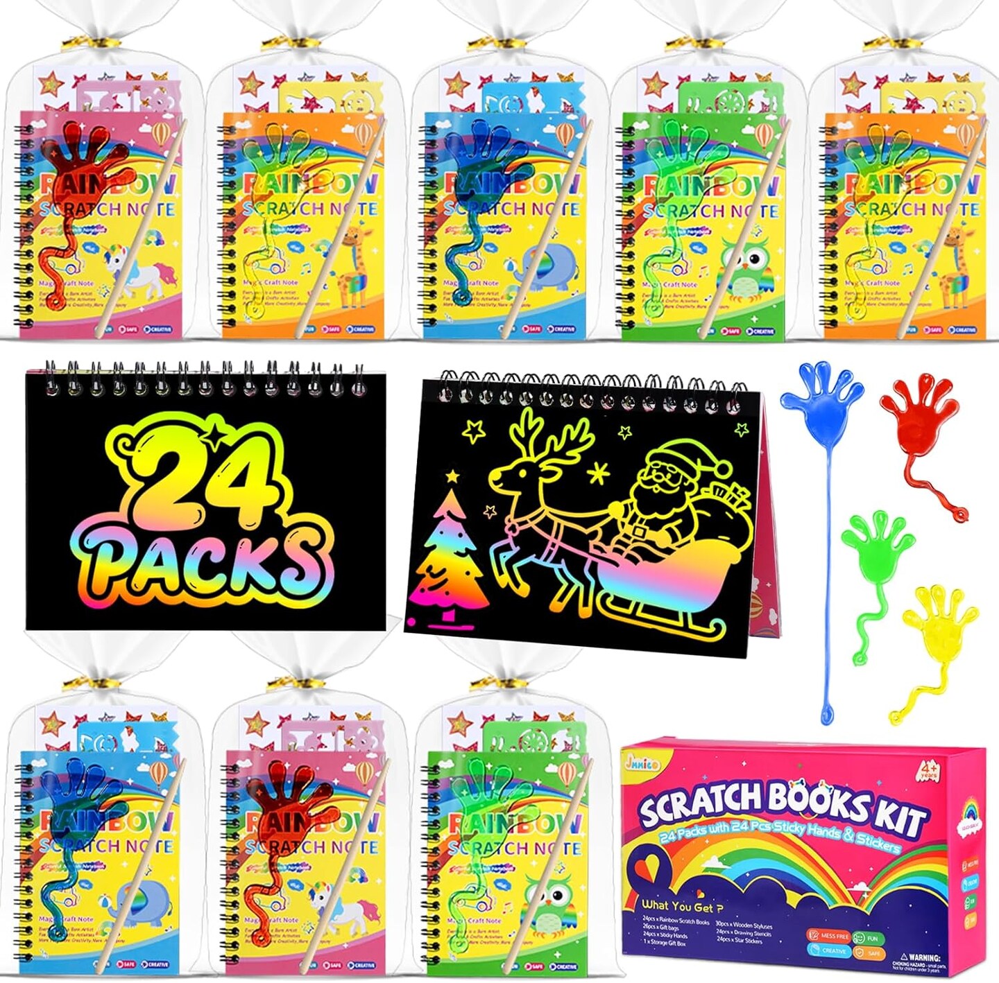 JMMICO Rainbow Scratch Notebook, Scratch Art for Kids with Reusable Cleaner Tool, Holiday Crafts for Kids, Art Supplies, Christmas Gifts for 4-9 Year Old Kids