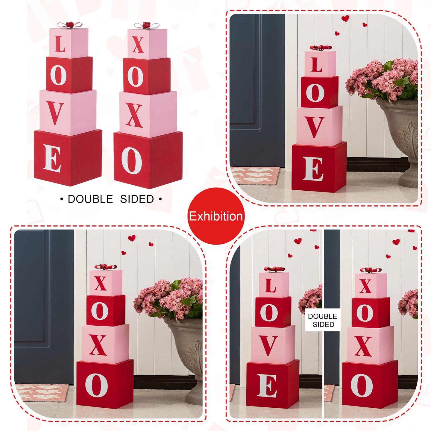 Set of 2 25"H Valentine's Wooden Double-Sided XOXO & LOVE Boxed Porch Decor