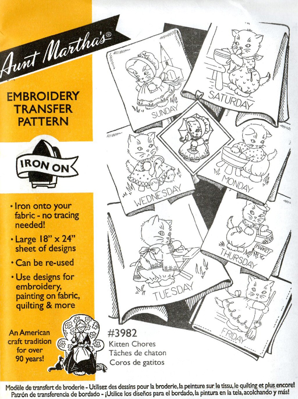 Aunt Martha's Kitten Chores 3982 days of the week embroidery iron on pattern