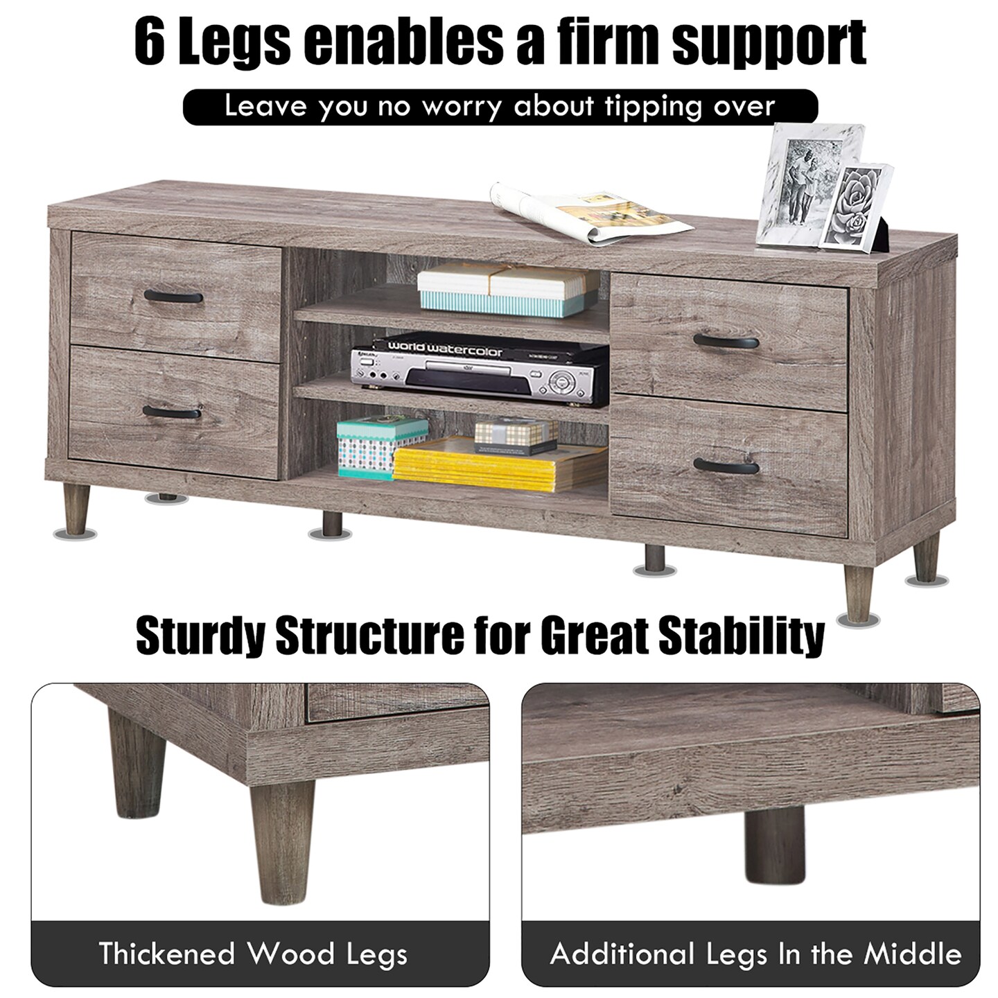 Costway TV Stand Entertainment Center Hold up to 65'' TV with Storage Shelves & 4 Drawers