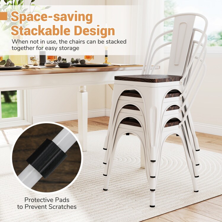 Set of 4 Metal Dining Chairs with Wood Seat and Detachable High Back
