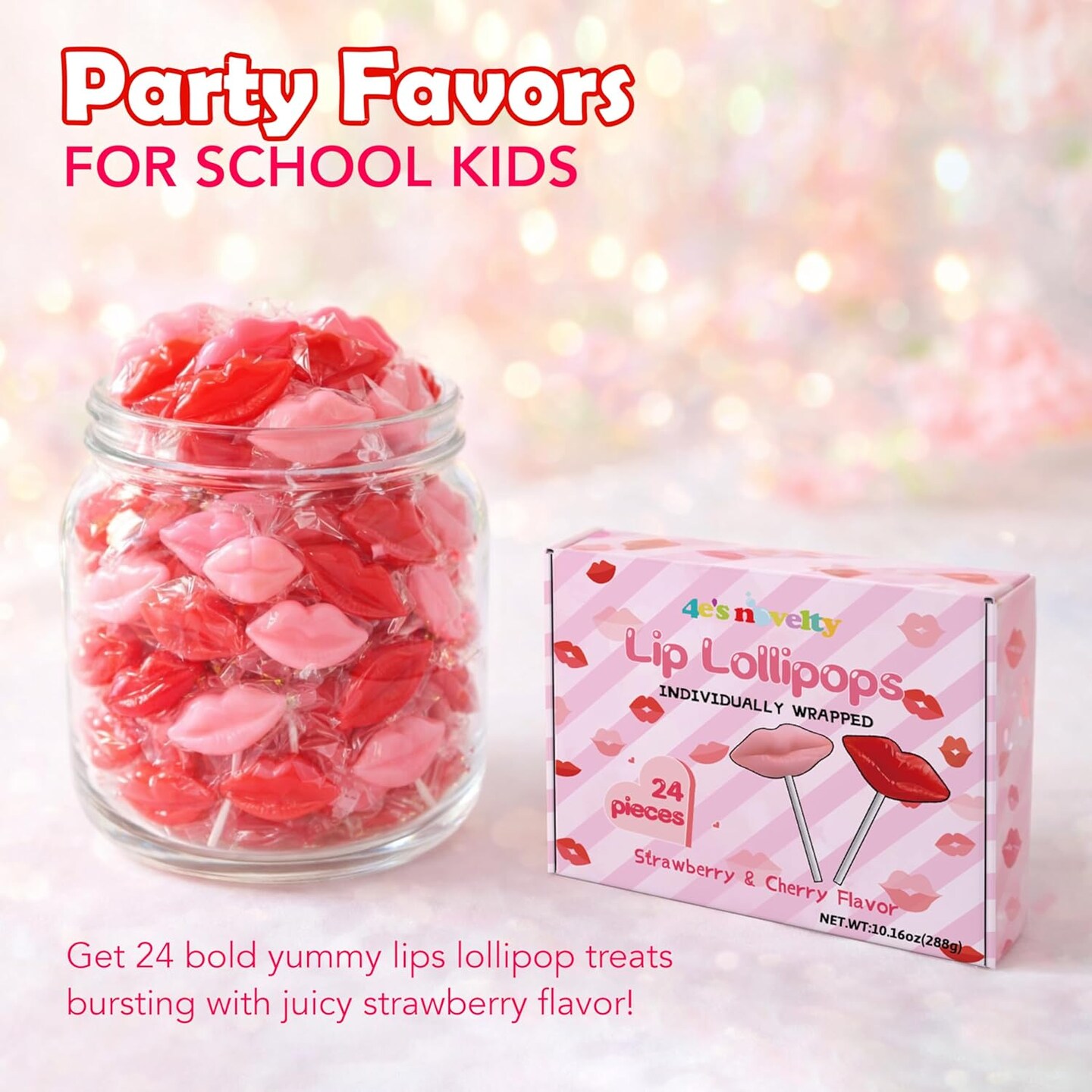 4E's Novelty 24 Pack Lip Lollipops, Individually Wrapped Lips Lollipop Bulk Lip Shaped Candy, Valentines Lollipops Party Favors for Kids Party, Valentine Candy Lollipop Fun Classroom Exchange