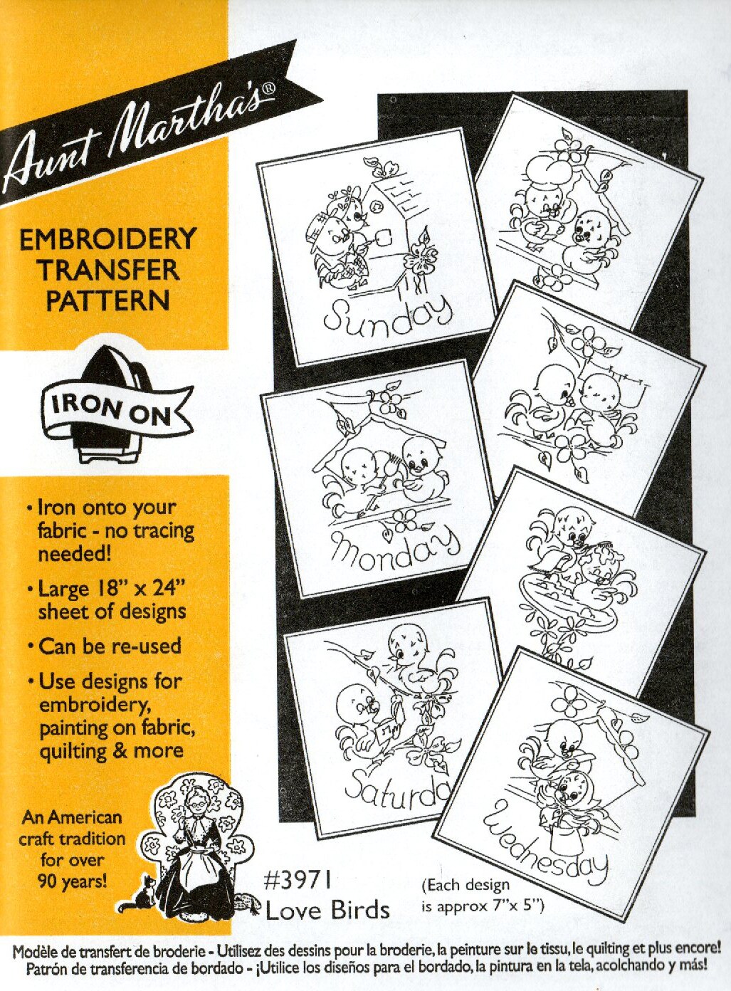 Aunt Martha's Love Birds 3971 days of the week embroidery iron pattern