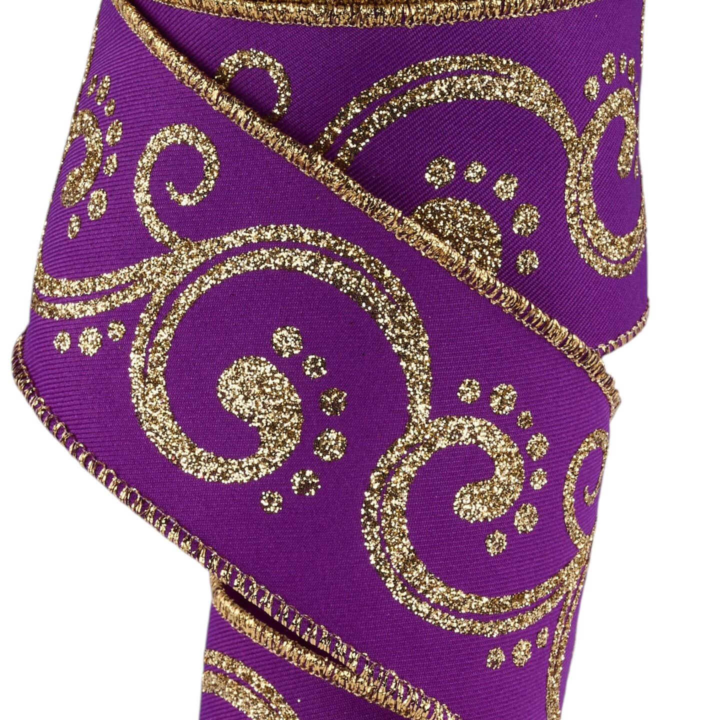 Brilliance 2.5" Purple and Gold Filigree Glitter Swirl Wired Ribbon, 10 Yards for Christmas Bows, Wreaths, Gift Wrap, Crafts and Decorations