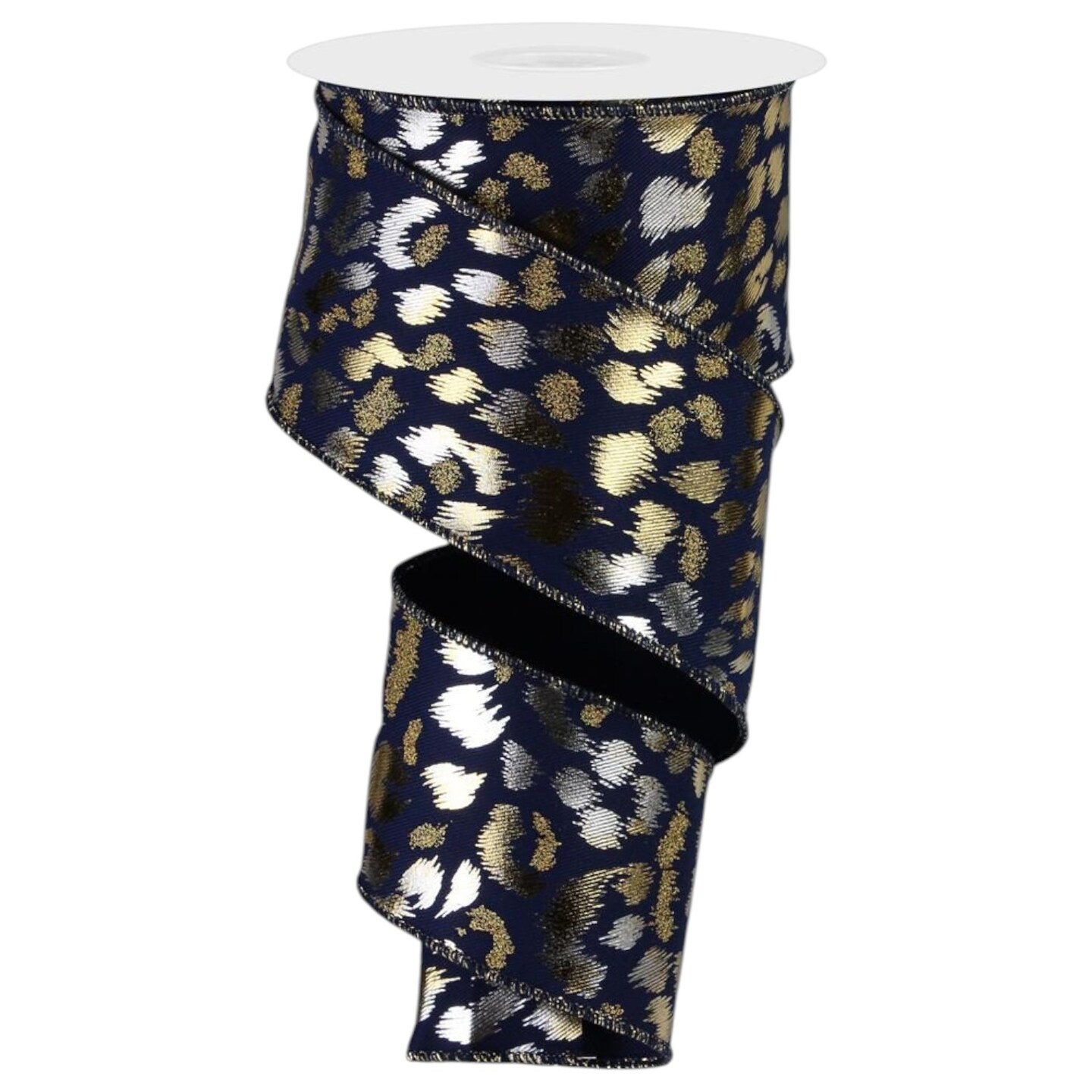 RG Ribbon: 2.5" Navy Blue Wired Leopard Print Ribbon with Glitter and Metallic Spots for Christmas and Valentine's Day Trees, Wreaths, Gifts, Crafts, Bows