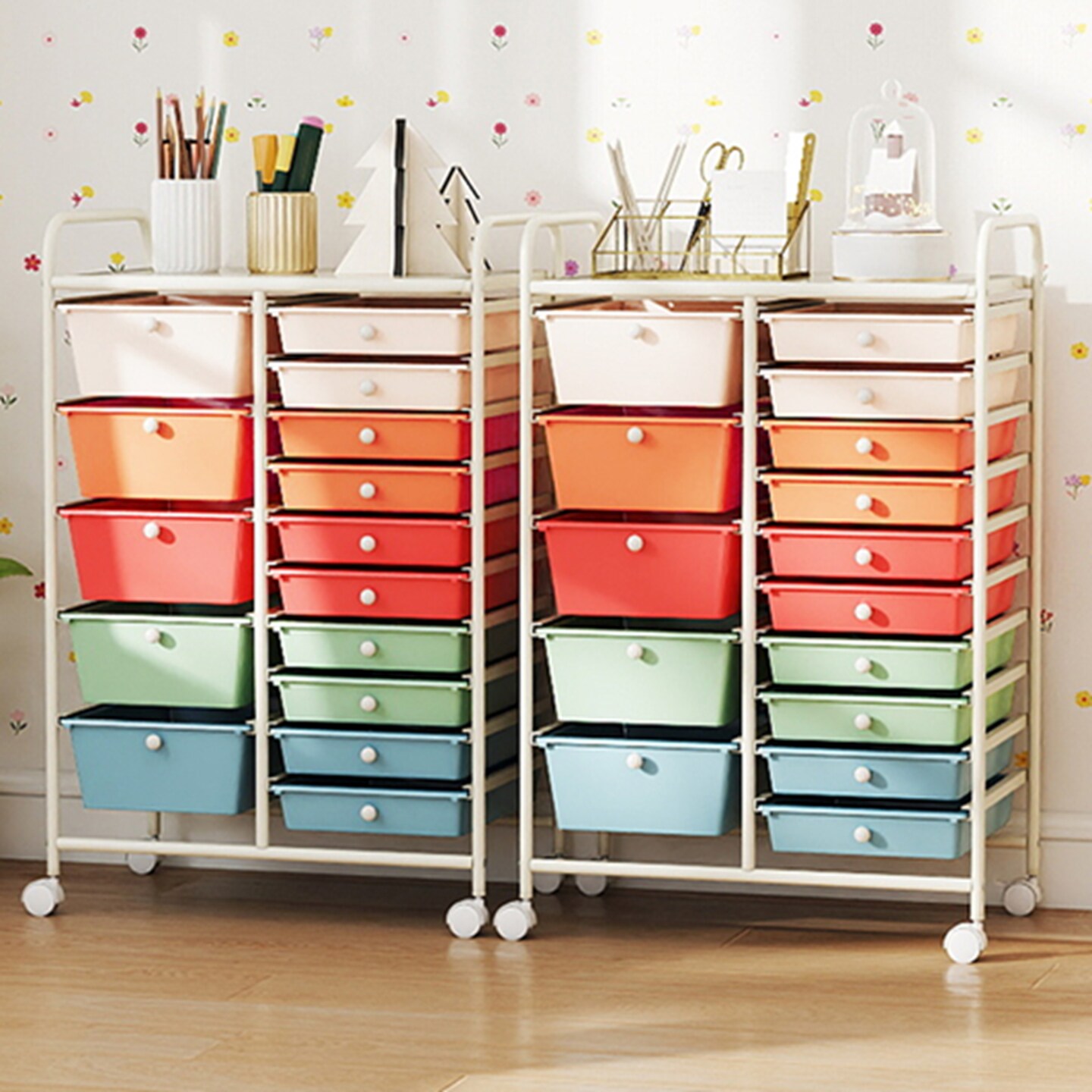 Costway 15 Drawer Rolling Storage Cart Tools Scrapbook Paper Office School Organizer Multicolored/Pink/Grey/Hot Pink/White/Black/Clear/Multicolor/Colorful/Mixed Pink