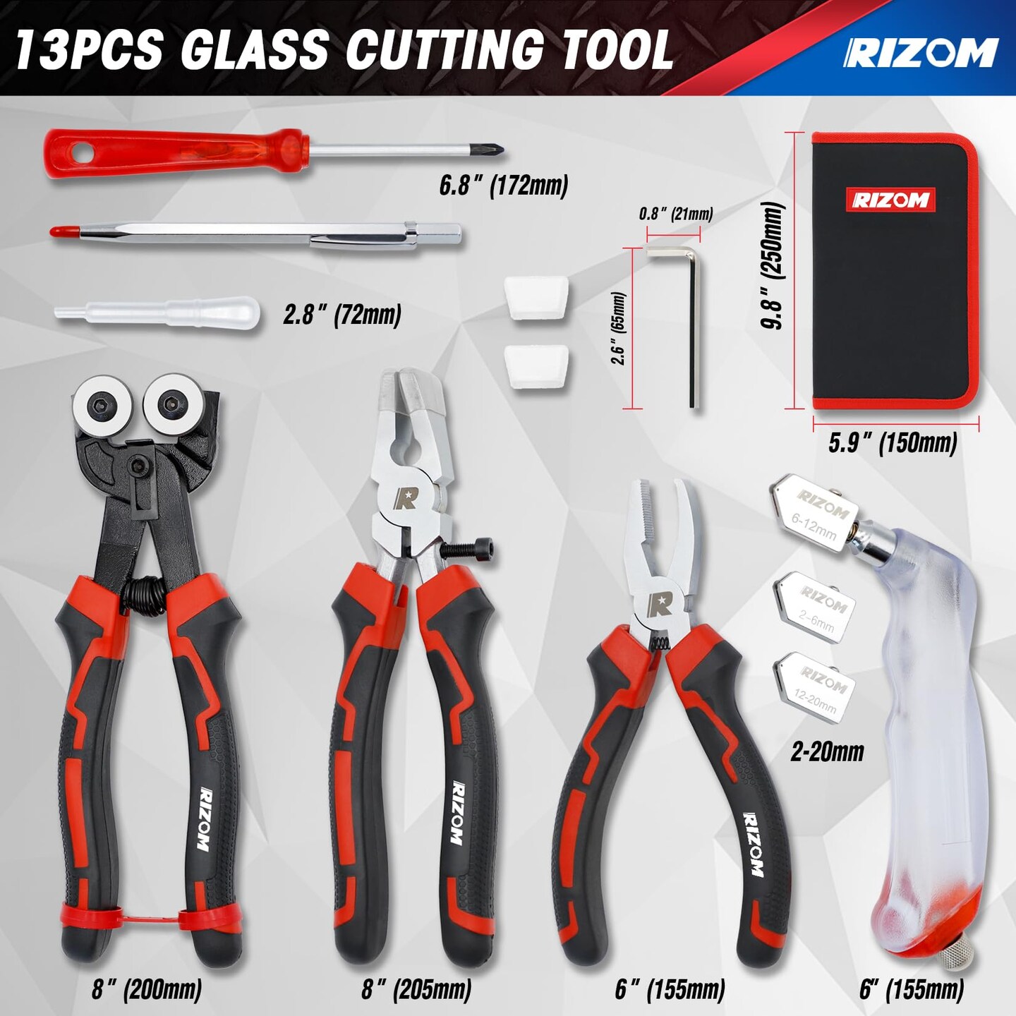 Glass Cutting Tool, Glass Cutter 2-20MM, 8" Tile Nippers, 8" Glass Running Pliers with Curved Jaws, 6" Breaker Grozer Pliers, Glass Cutter Kit for Stained Glass, Tiles, Mosaic Cutting