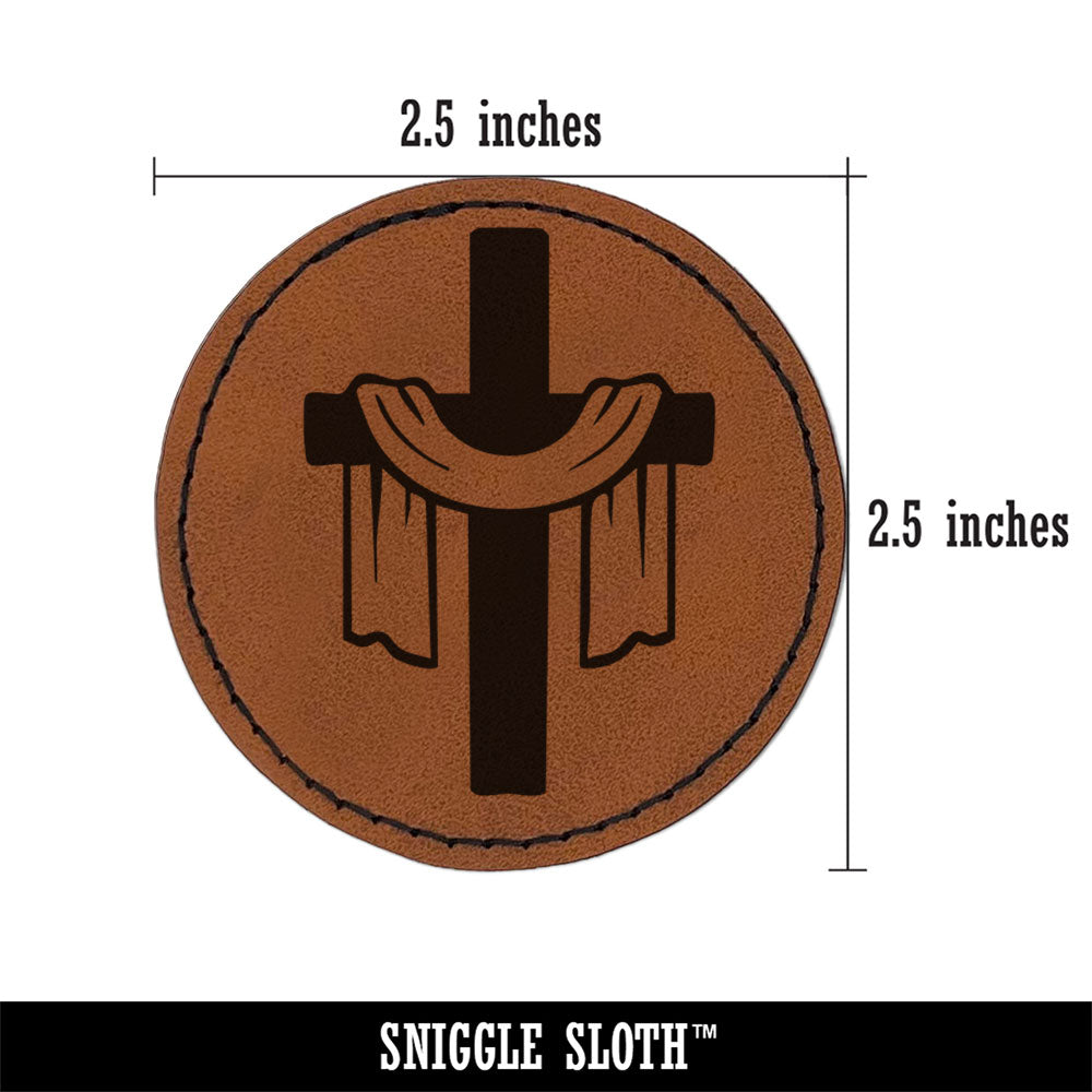 Draped Cross Easter Christianity Jesus Christ Round Iron-On Engraved Faux Leather Patch Applique - 2.5 Inch
