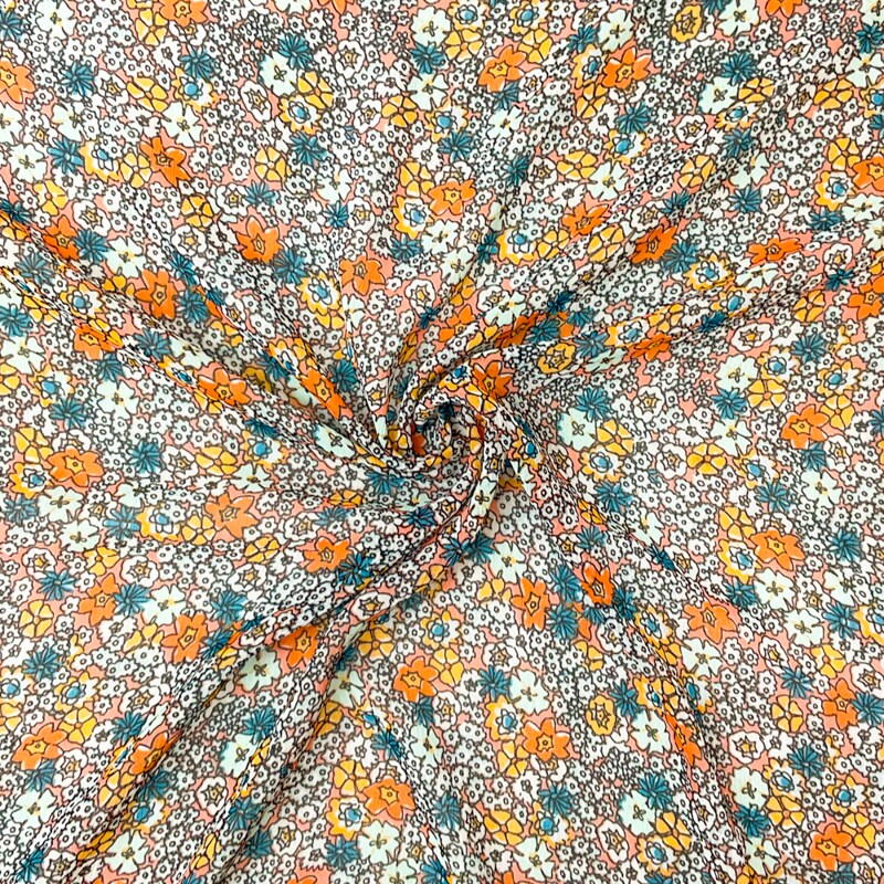 Orange-Multi Poly Floral Print Crinkle Yoryu Chiffon Woven Fabric By the Yard
