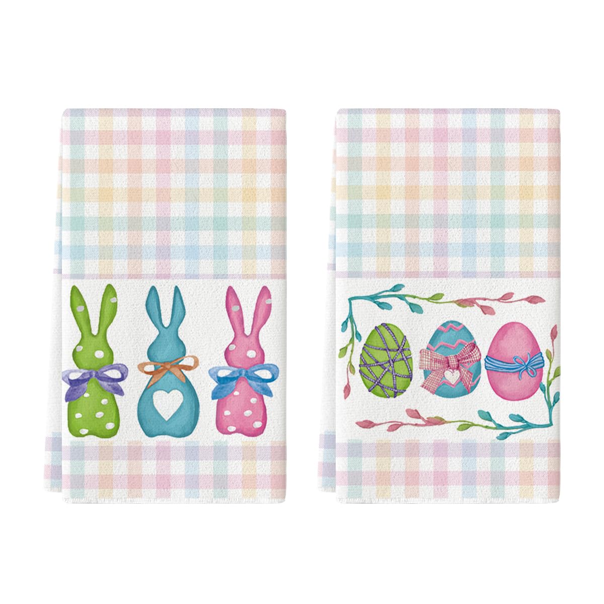 Colorful Stripe Rabbit Bunny Eggs Easter Kitchen Towels Dish Towels, 18x26 Inch Spring Decoration Hand Towels Set of 2